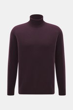 04651/ A trip in a bag Cashmere Rollkragenpullover dunkelviolett, Slim Fit, mittelfeines Strickbild, weicher Griff, Rippbündchen, frontal fotografiert.