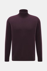 04651/ A trip in a bag Cashmere Rollkragenpullover dunkelviolett, Slim Fit, mittelfeines Strickbild, weicher Griff, Rippbündchen, frontal fotografiert.