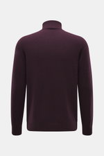 04651/ A trip in a bag Cashmere Rollkragenpullover dunkelviolett, Slim Fit, mittelfeines Strickbild, weicher Griff, Rippbündchen, Rückansicht.