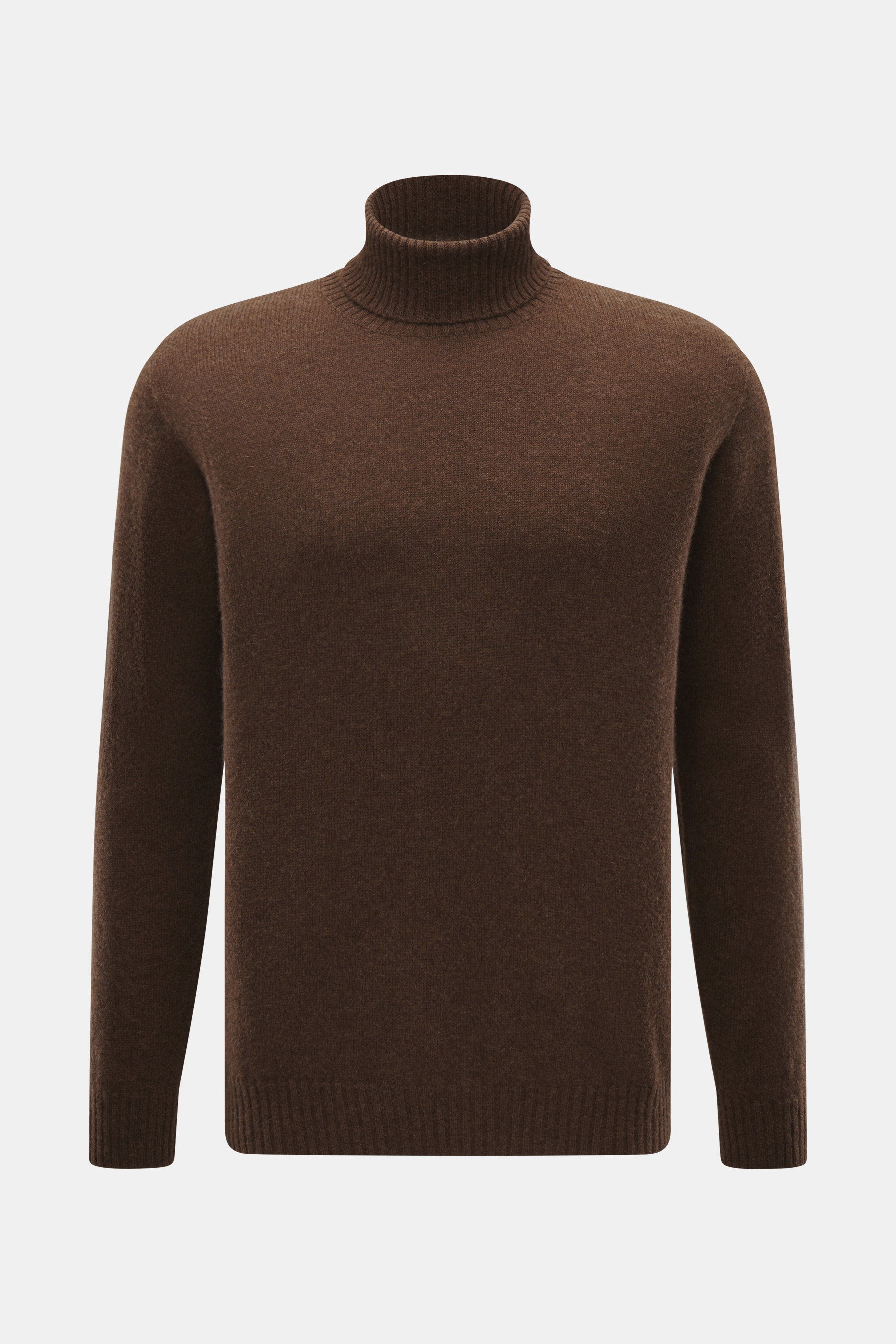 Frontale Nahaufnahme des braunen 04651/ A trip in a bag Cashmere Rollkragenpullovers aus reinem Cashmere mit Slim Fit, weichem Griff und Rippbündchen