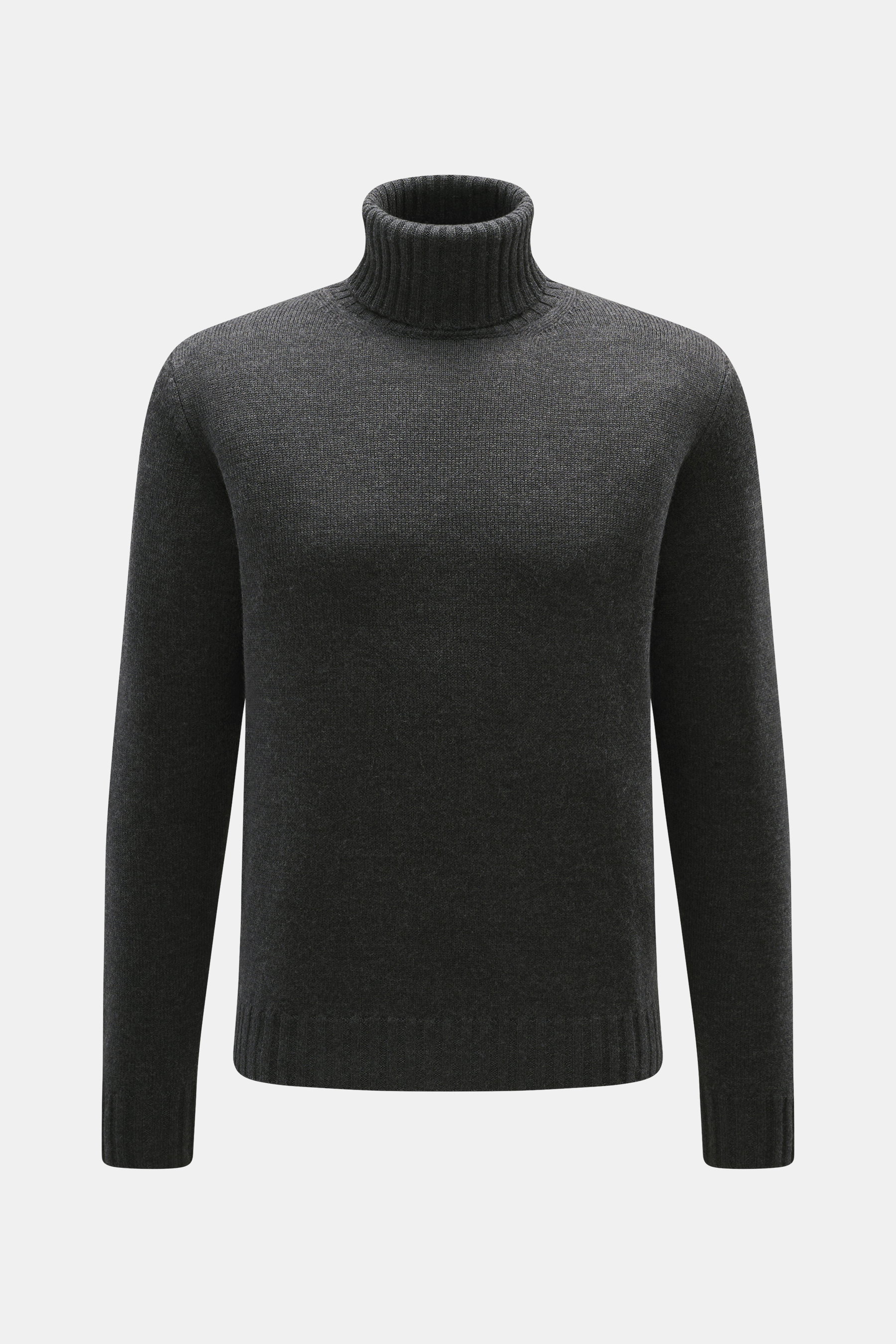 Frontansicht des von Braun Merino Rollkragenpullover anthrazit, aus reiner Merinowolle mit mittelfeinem Strick, Oversized Fit, Rippstrick-Rollkragen und flexiblen Rippbündchen.