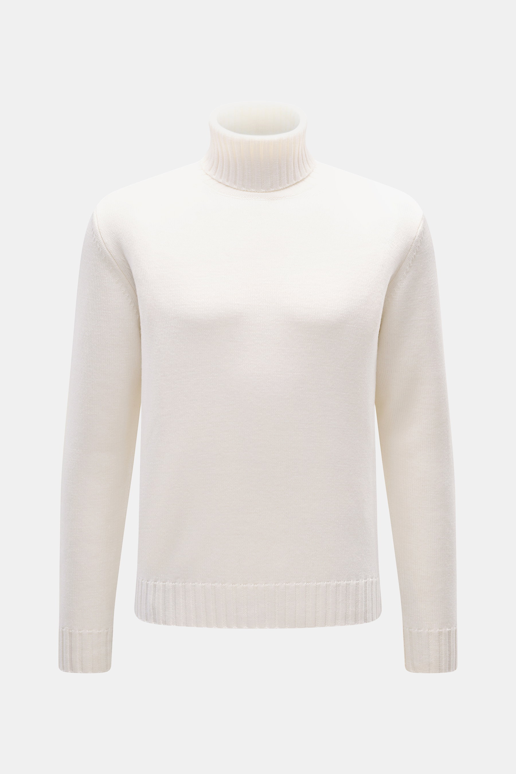 von Braun Merino Rollkragenpullover offwhite, frontale Nahaufnahme, reine Merinowolle, mittelfeines Strickbild, Oversized Fit, Rollkragen Rippstrick, flexible Rippbündchen, klassischer Winterpullover