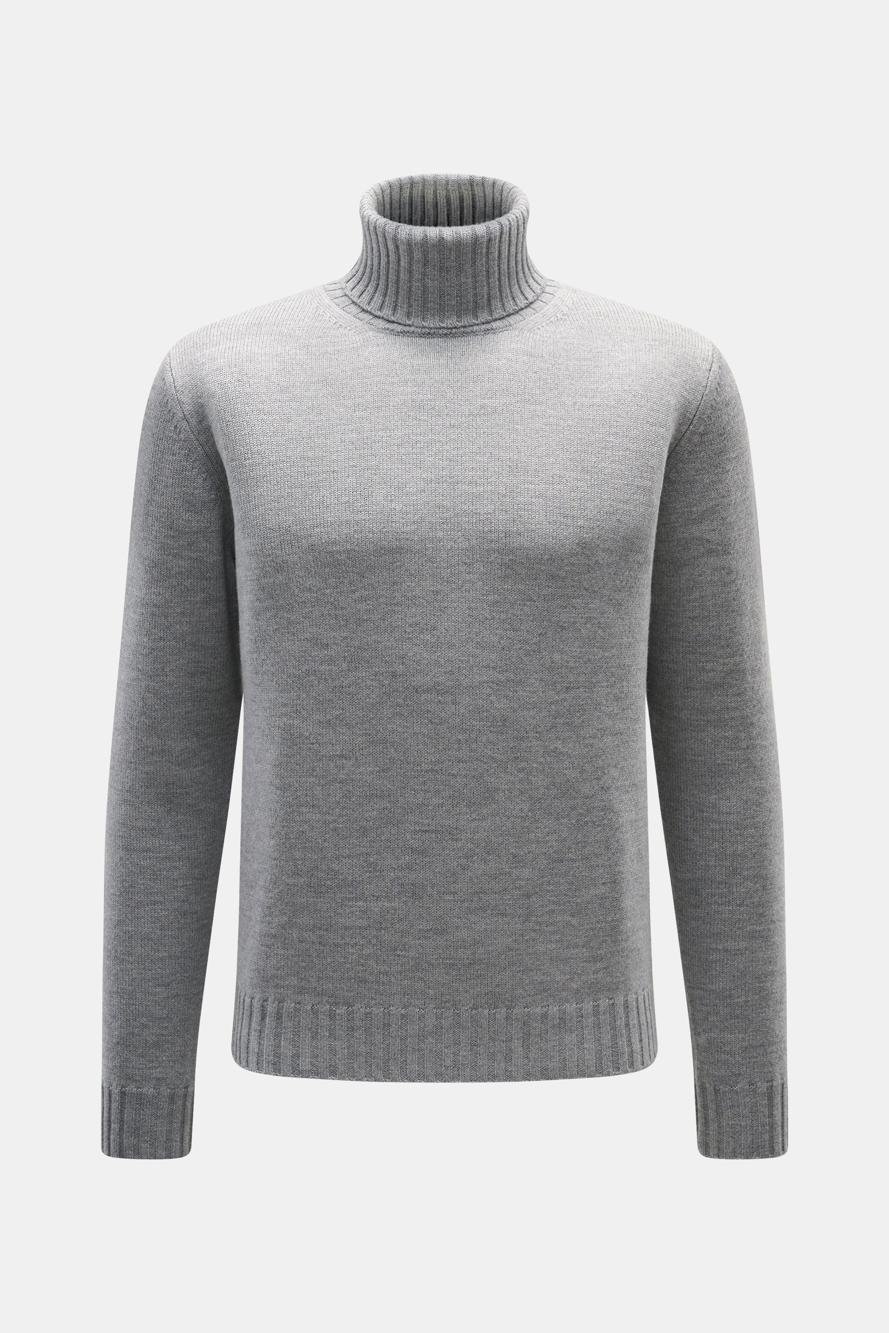 von Braun Merino Rollkragenpullover hellgrau, frontal fotografiert, aus reiner Merinowolle mit mittelfeinem Strickbild, Oversized Fit, Rippstrick-Rollkragen und flexiblen Rippbündchen, komfortabel und stilvoll für elegante Winter-Looks