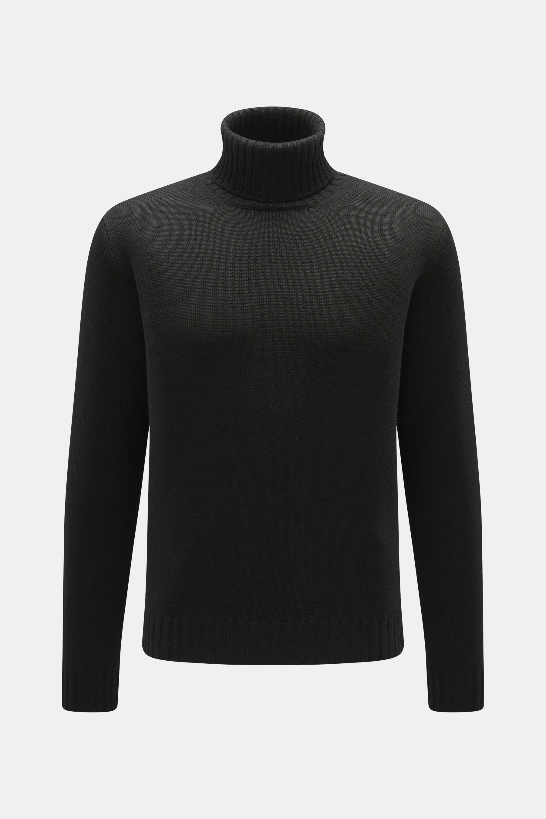 von Braun Merino Rollkragenpullover schwarz, Frontansicht, Oversized Fit, mittelfeines Strickbild, reine Merinowolle, Rollkragen und flexible Rippbündchen.