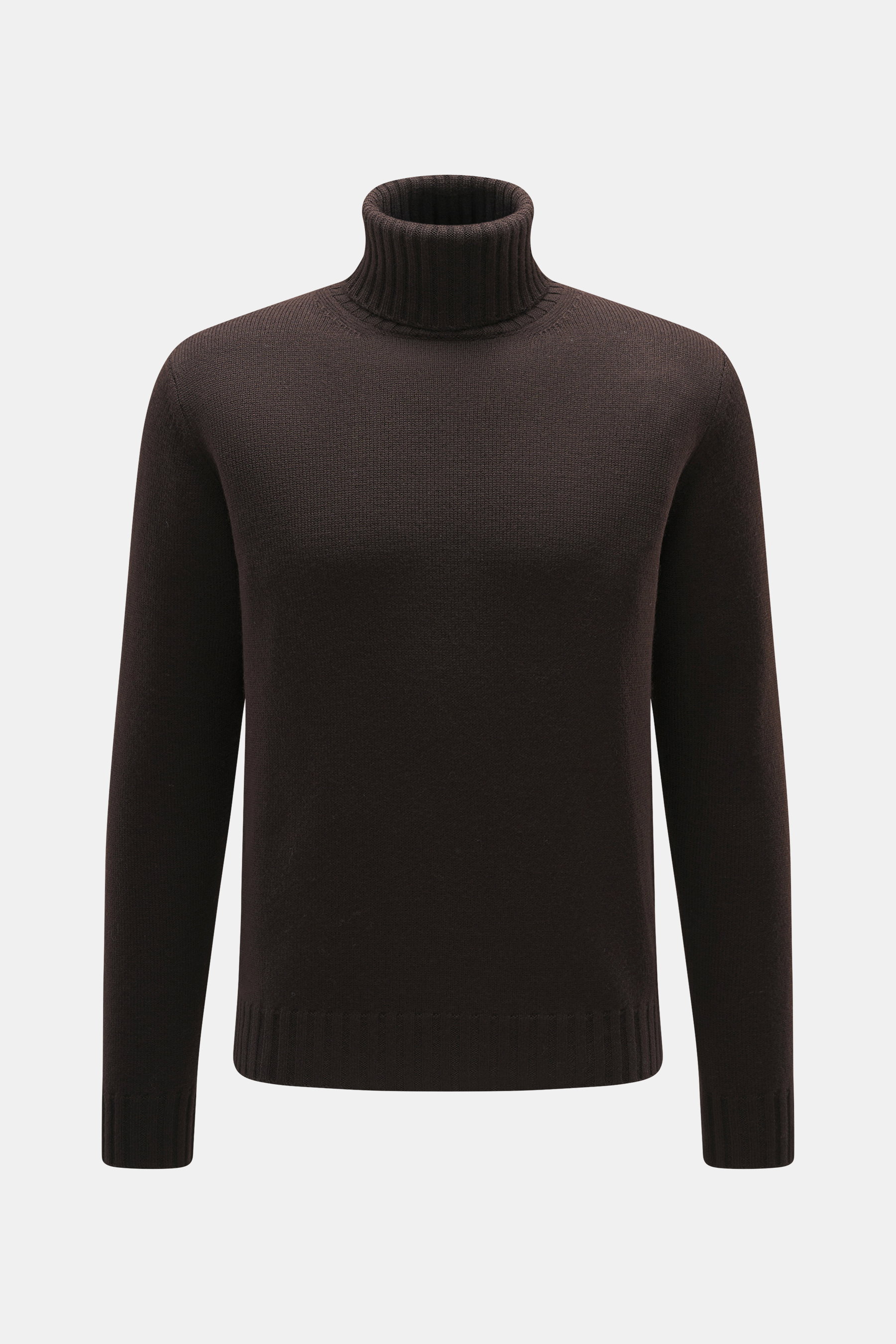 von Braun Merino Rollkragenpullover braun, frontale Nahaufnahme, Oversized Fit, reine Merinowolle, mittelfeines Strickbild, Rollkragen und flexible Rippbündchen