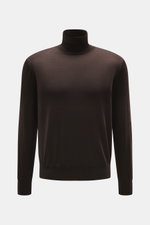 Agnona Turtleneck Sweater Dark Brown shown from the front, featuring a fitted turtleneck, soft fine knit wool, silk, cashmere blend, regular fit, ribbed cuffs, and back AGNONA metal label. Stylish layering piece with a super fine knit pattern and soft tou