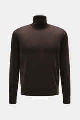 Agnona Turtleneck Sweater Dark Brown shown from the front, featuring a fitted turtleneck, soft fine knit wool, silk, cashmere blend, regular fit, ribbed cuffs, and back AGNONA metal label. Stylish layering piece with a super fine knit pattern and soft tou