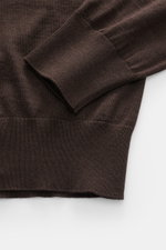 Agnona Turtleneck Sweater Dark Brown shown from a close-up top angle, highlighting soft wool, silk, cashmere knit, ribbed cuffs, and fine texture.