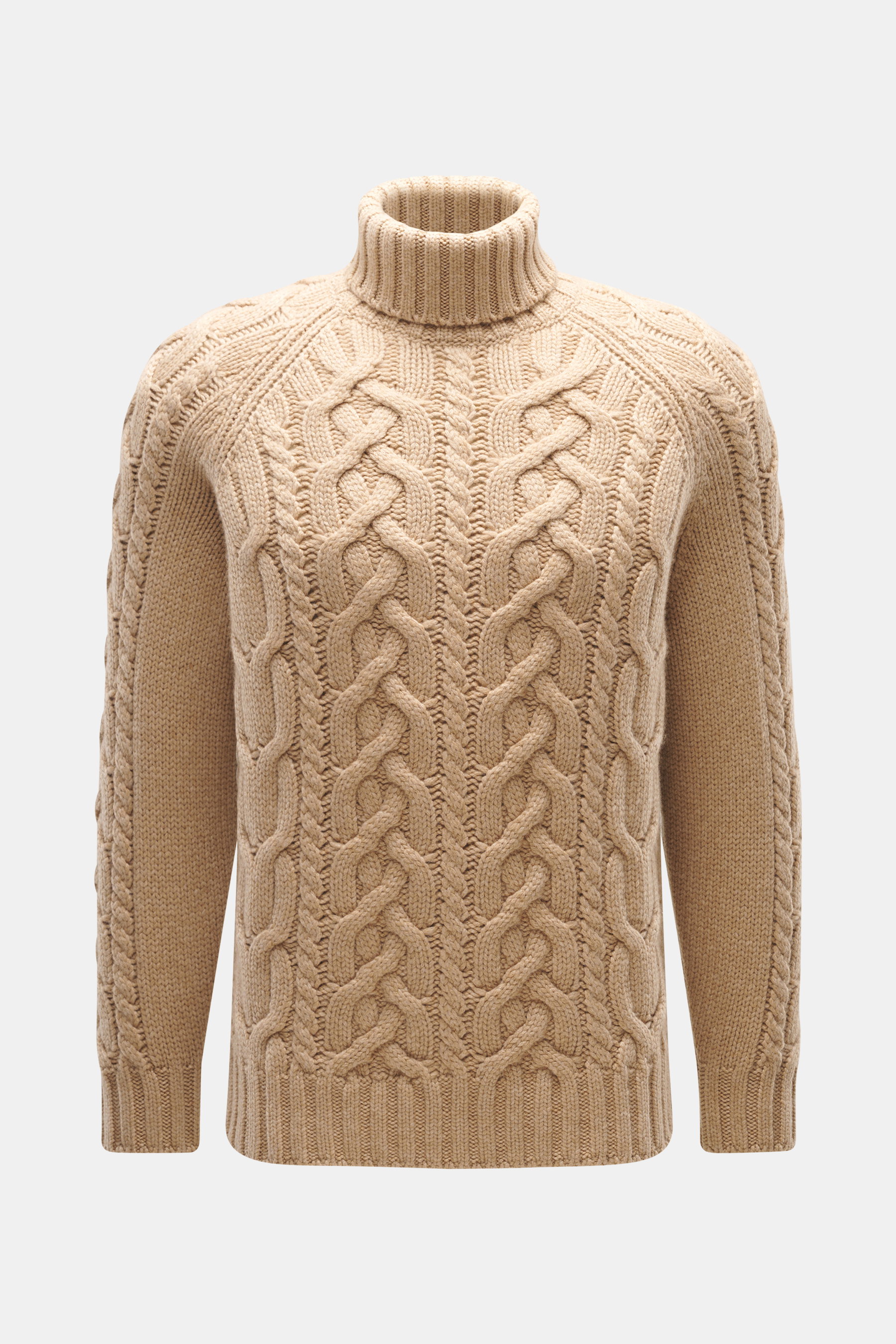 Front view of Brunello Cucinelli Cashmere turtleneck sweater light brown, featuring pure cashmere, soft touch, coarse and cable knit patterns, fitted turtleneck, regular fit, and flexible ribbed cuffs.