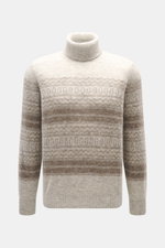 Brustansicht des Brunello Cucinelli Rollkragenpullovers hellgrau meliert/taupe gemustert, Regular Fit, aus Alpakawolle, Seide und Cashmere.