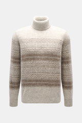 Brustansicht des Brunello Cucinelli Rollkragenpullovers hellgrau meliert/taupe gemustert, Regular Fit, aus Alpakawolle, Seide und Cashmere.