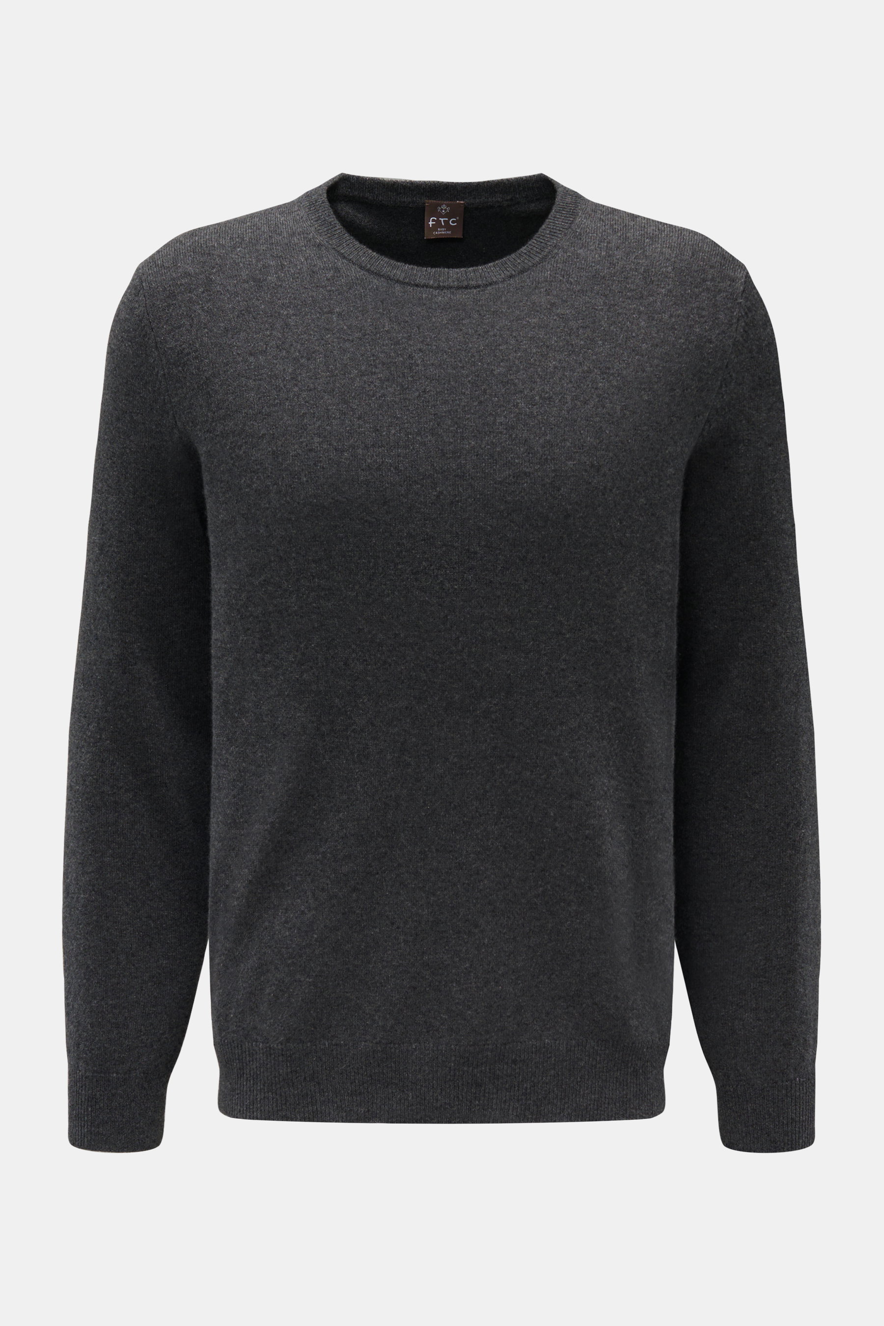 FTC Baby-Cashmere Rundhals-Pullover dunkelgrau in Slim Fit, fein gestrickt mit Rundhalsausschnitt und Rippbündchen, frontal fotografiert, ultraweiche Baby-Cashmere-Qualität.