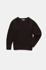 von Braun Kinder Cashmere R-Neck Pullover dunkelbraun, grober Waffelstrick, Rundhals, Raglanärmel, flexible Bündchen, frontal flach liegend fotografiert