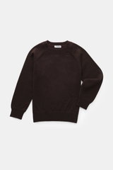 von Braun Kinder Cashmere R-Neck Pullover dunkelbraun, frontal flach liegend fotografiert, weicher Griff, feines Strickbild, Raglanärmel, Rundausschnitt, flexible Rippbündchen, reiner Cashmere