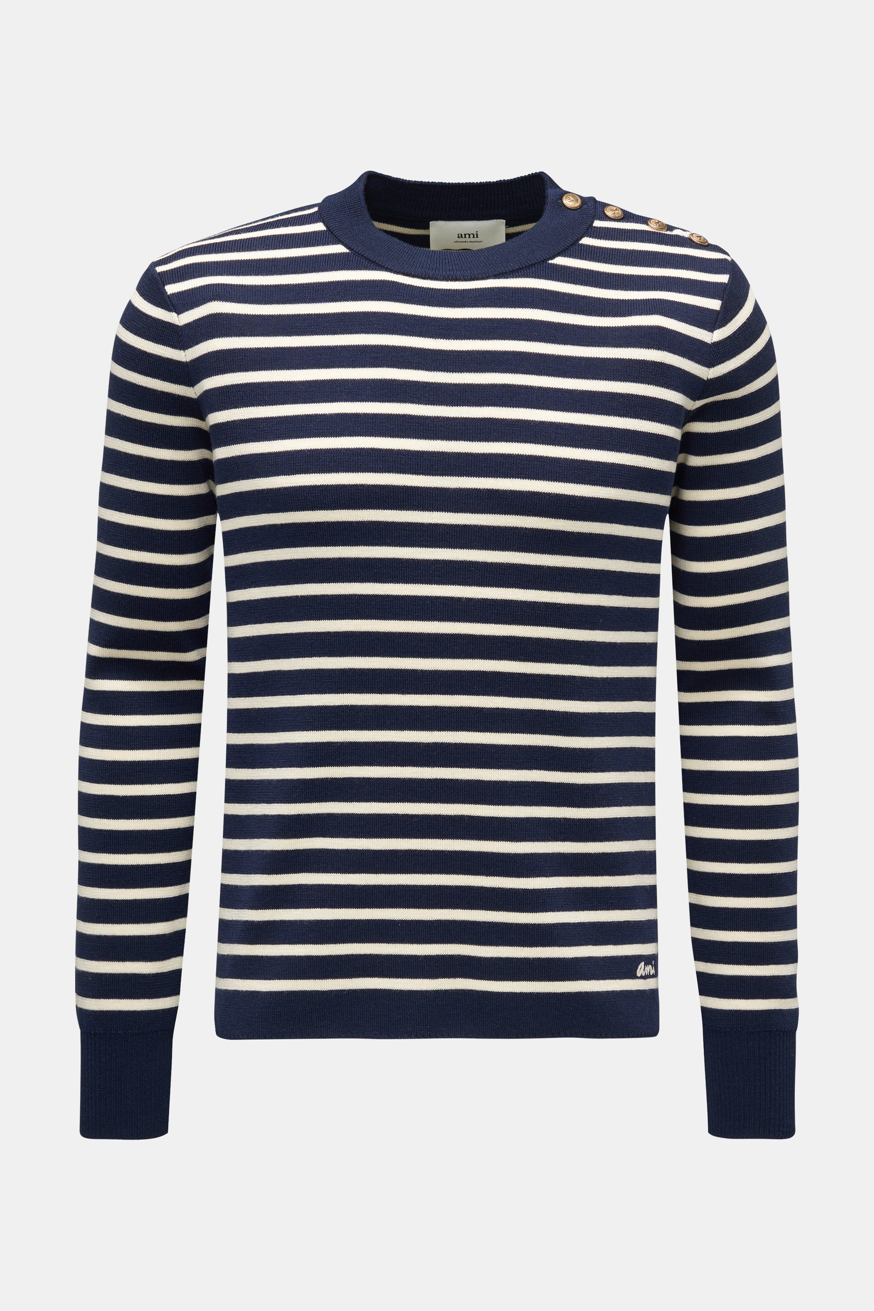 Ami Paris Merino Rundhalspullover navy/creme gestreift
