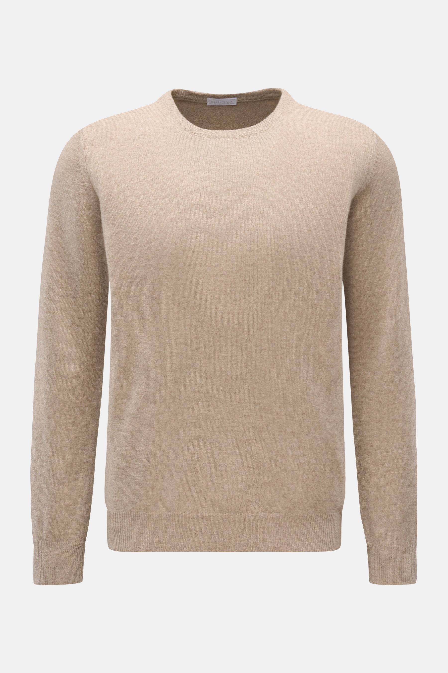 Beige BRAUN Hamburg Essentials Cashmere Rundhalspullover in Slim Fit, feines Strickbild, Rundhalsausschnitt, flexible Rippbündchen, Frontansicht, Made in Italy.