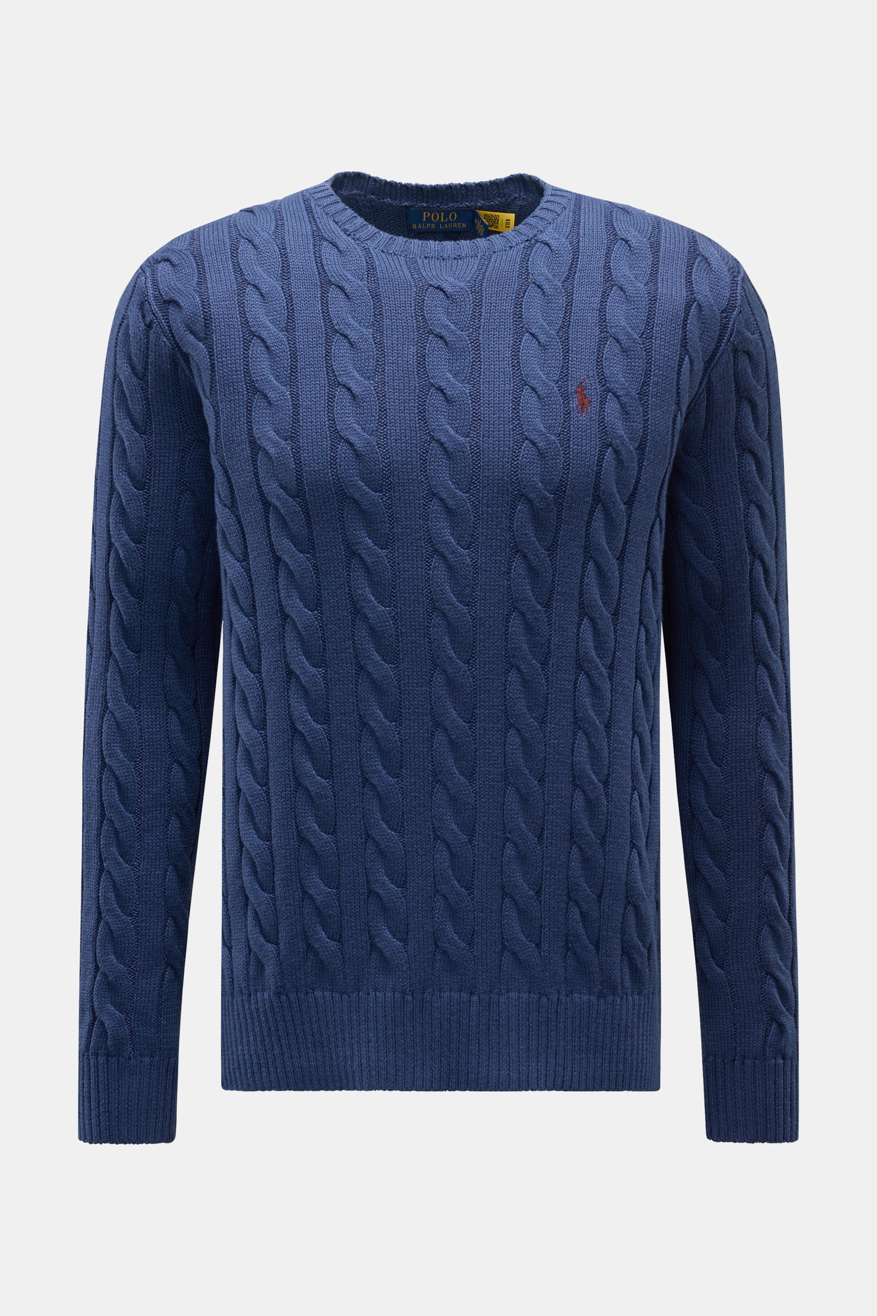 Polo Ralph Lauren Rundhalspullover graublau, frontale Aufnahme, Zopfstrick aus reiner Baumwolle, Slim Fit, Rundhalsausschnitt, Polospieler-Stitching auf der Brust, Rippbündchen.