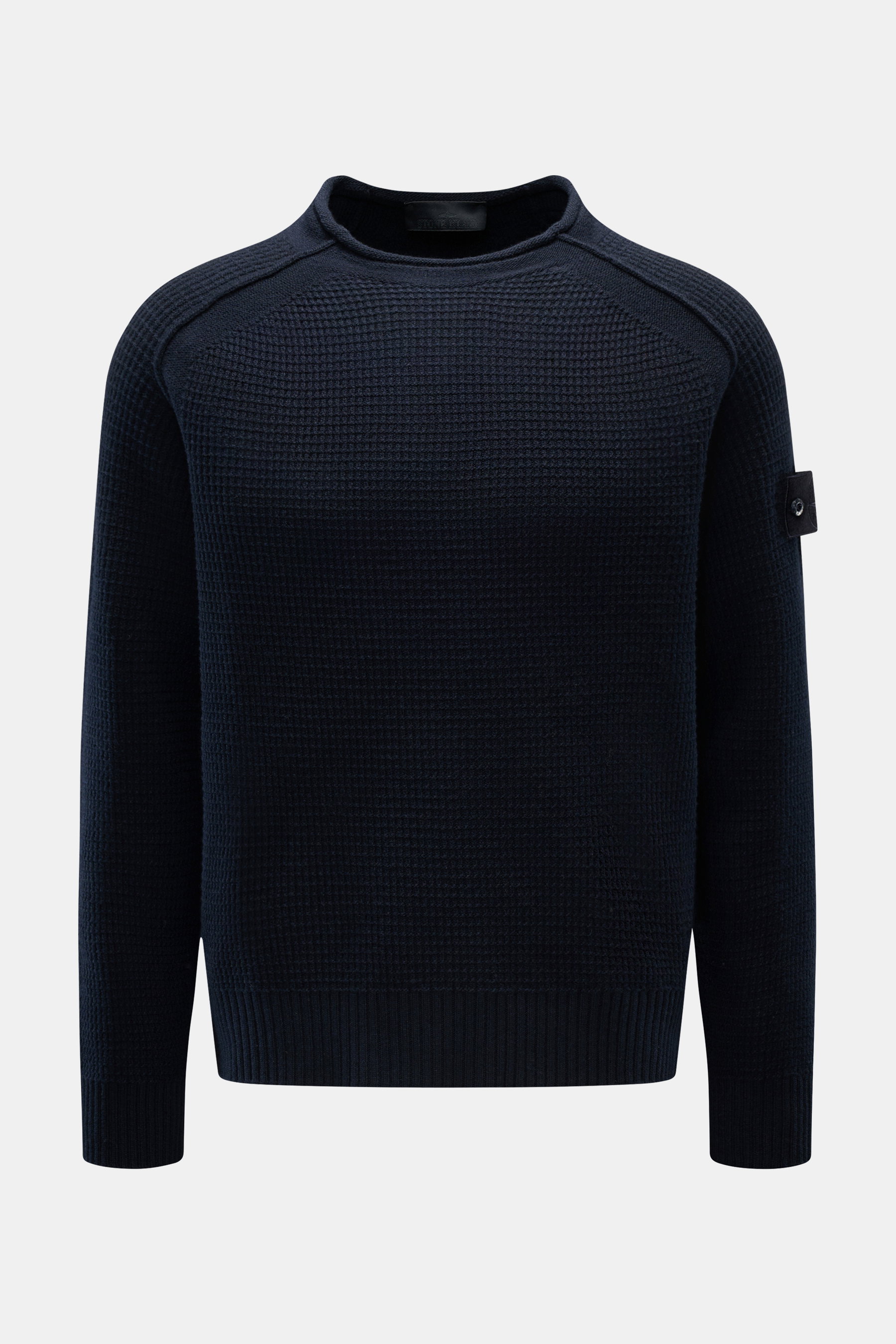 Stone Island Rundhalspullover 'Ghost' navy, frontale Ansicht, Strukturstrick, reine Schurwolle, Oversized Fit, Kompass-Badge am Ärmel, Raglanärmel.