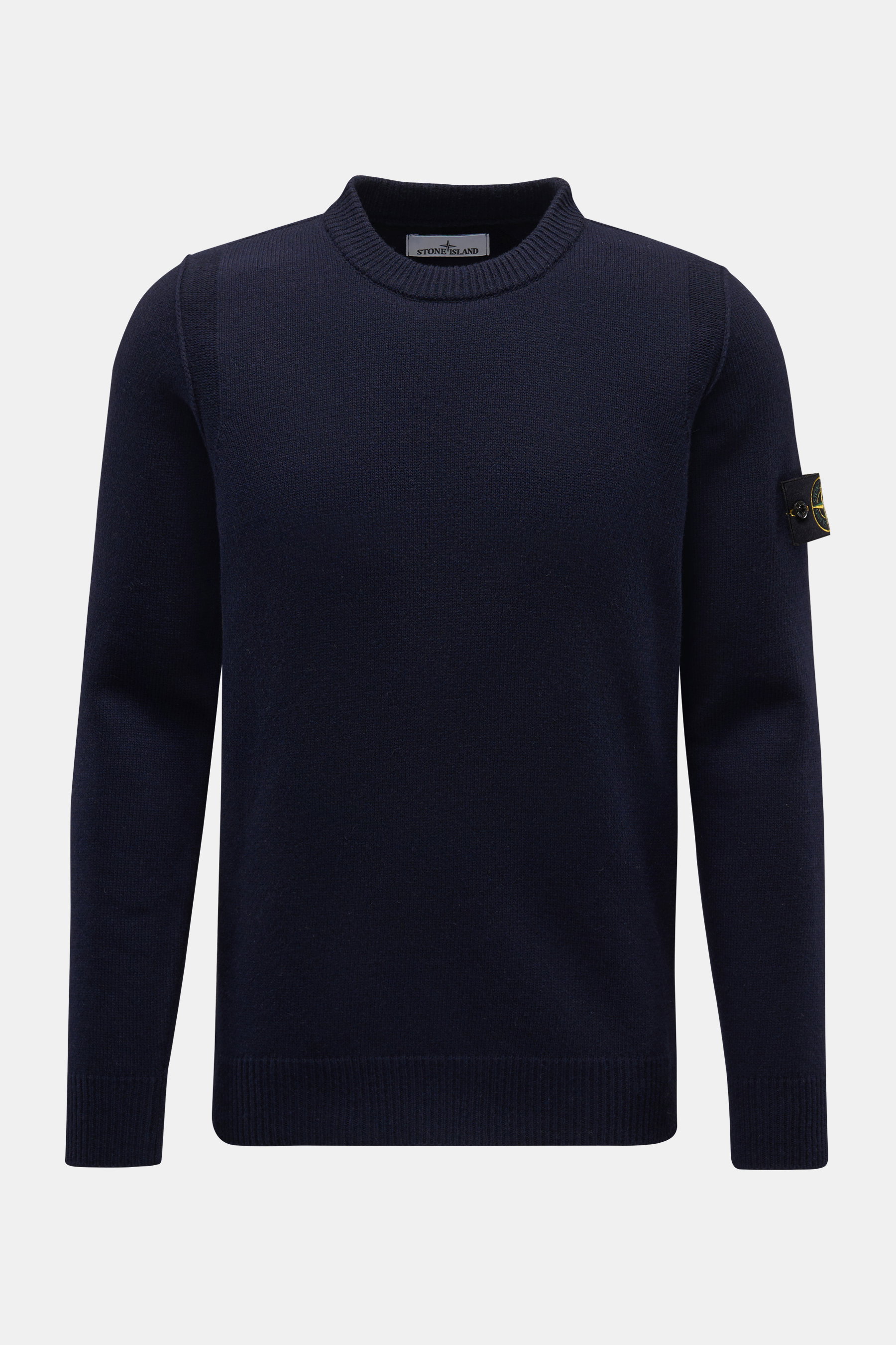 Stone Island Rundhalspullover 'Lambswool' navy, frontale Nahaufnahme, wärmender Wollmix, Linksstrick, Slim Fit, Rundhalsausschnitt, Kompass-Badge am Ärmel.