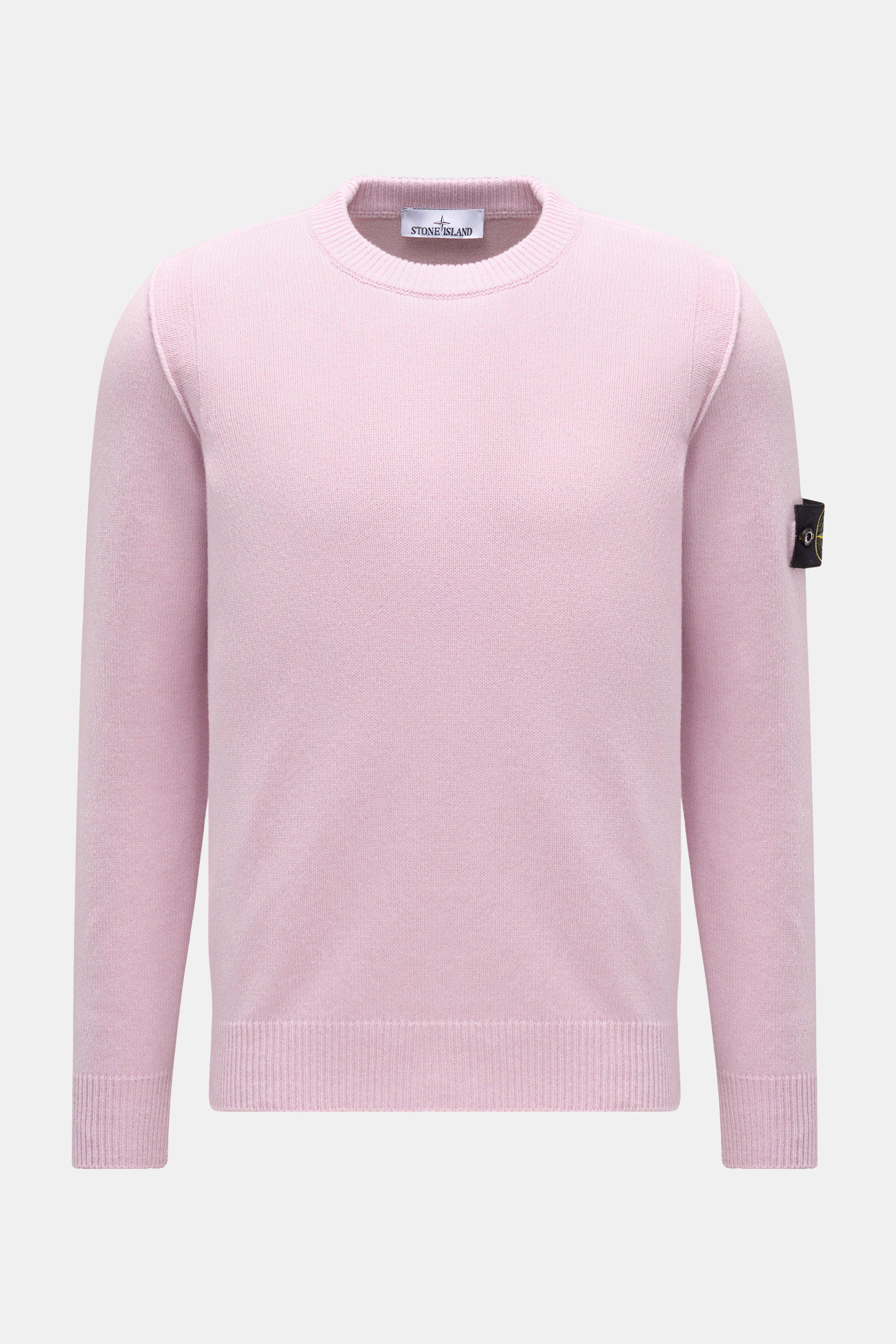 Stone Island Rundhalspullover 'Lambswool' rosé, Frontansicht, Slim Fit, weicher Wollmix, Linksstrick, Rundhalsausschnitt, Kompass-Badge am Ärmel, elastischer Rippsaum.