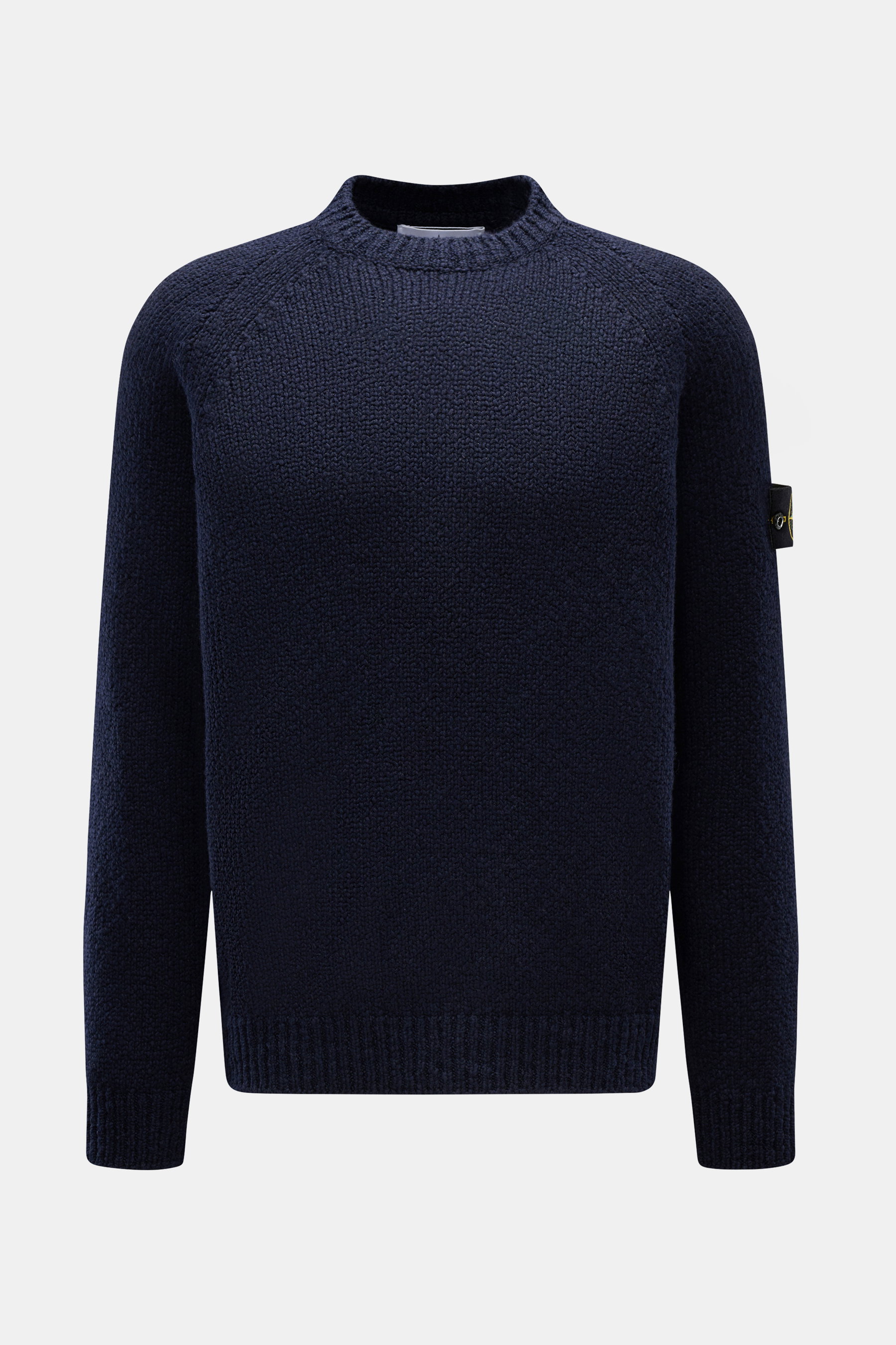 Stone Island Rundhalspullover 'Fancy Yarn' navy, Slim Fit, Raglanärmel, Wollmix, Kompass-Badge am Ärmel, frontale Aufnahme.