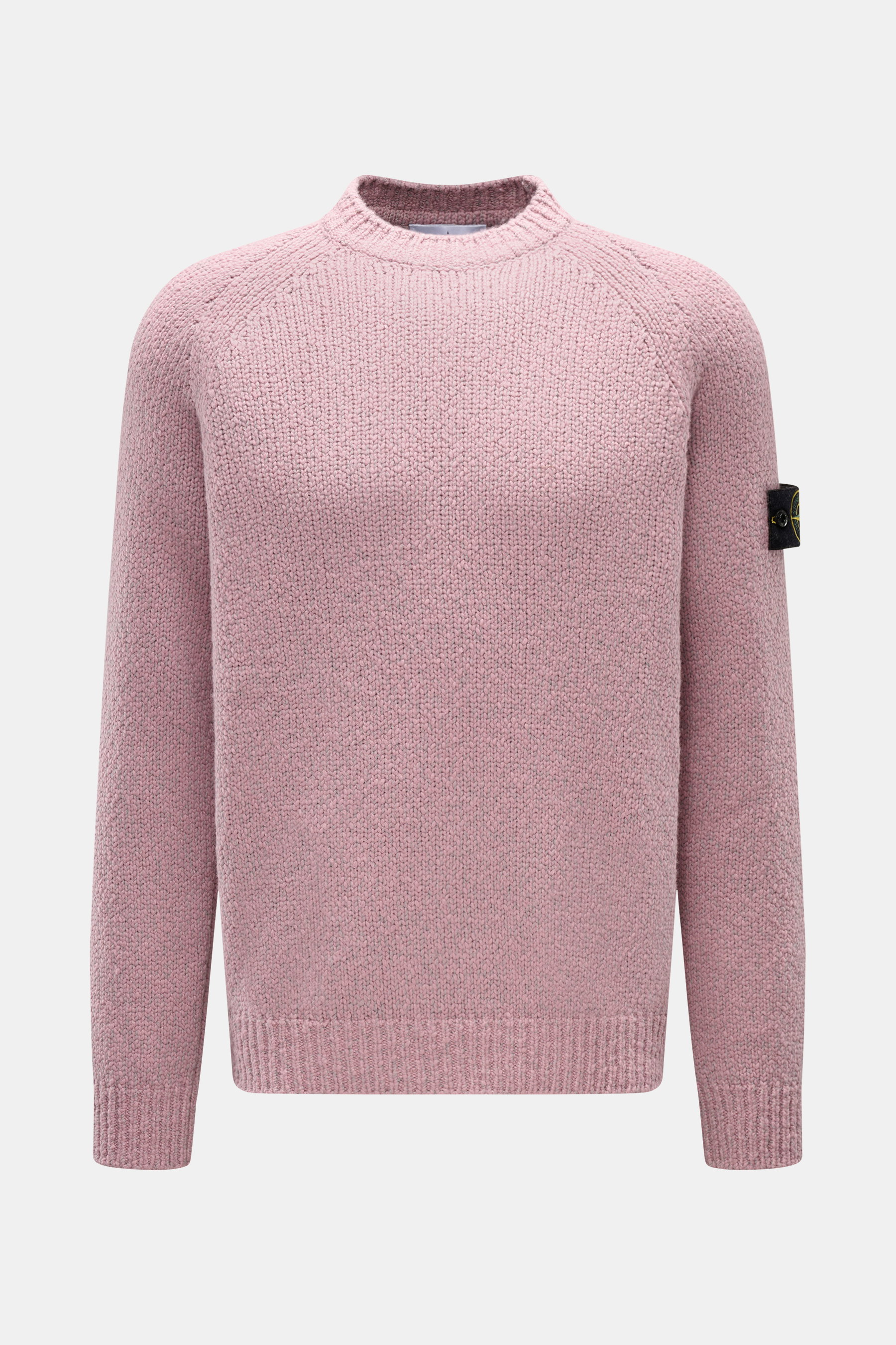 Stone Island Rundhalspullover 'Fancy Yarn' altrosa meliert, frontale Nahaufnahme, Slim Fit, Wollmix, Raglanärmel, Kompass-Badge am Ärmel, Rippsaum.