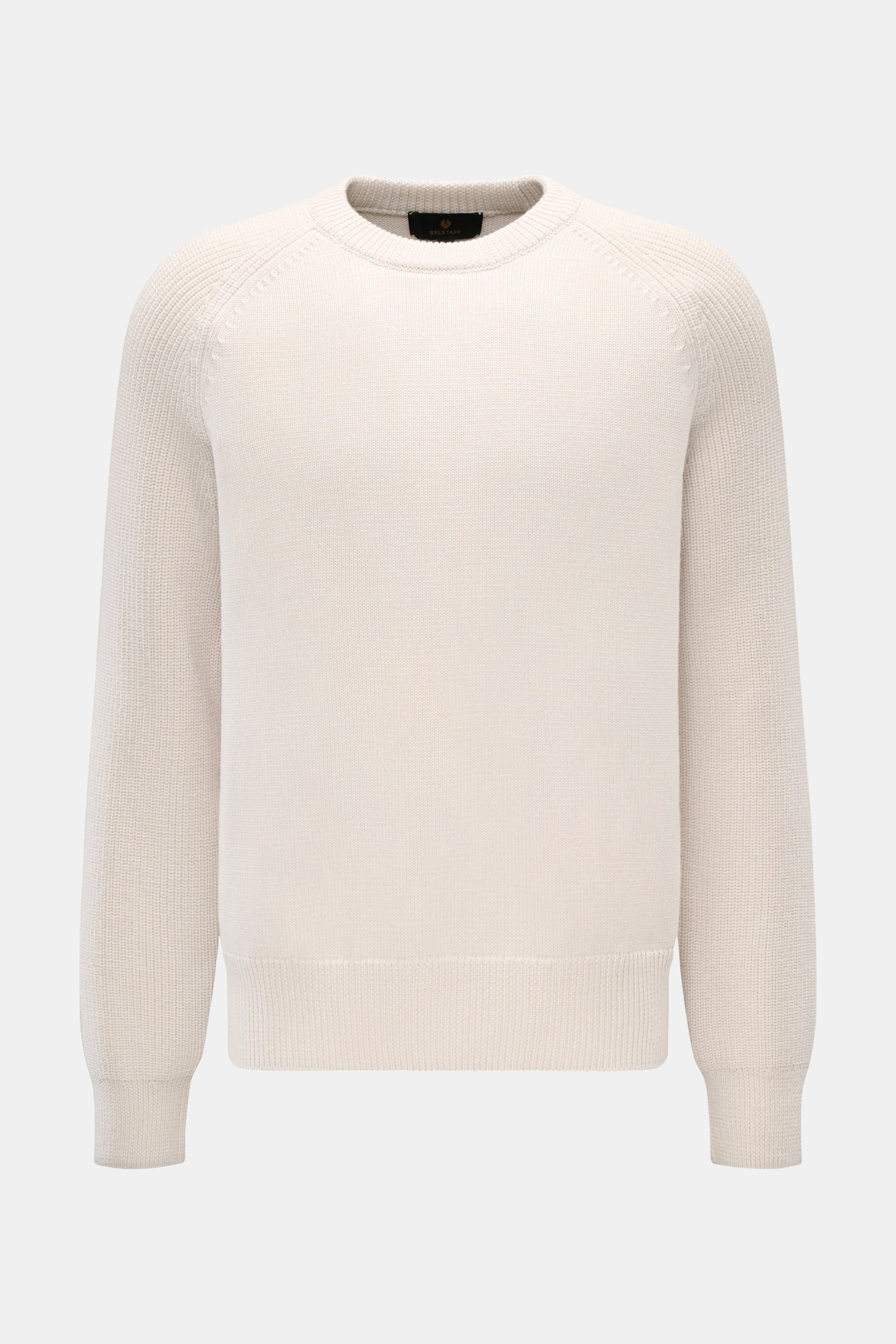 Belstaff Rundhalspullover 'Aspect' sand, frontal, mittelfeines Strickbild, Raglanärmel, Rundhalsausschnitt, reine Wolle, weicher Griff, Regular Fit, Rippbündchen, Weblabel am Oberarm.