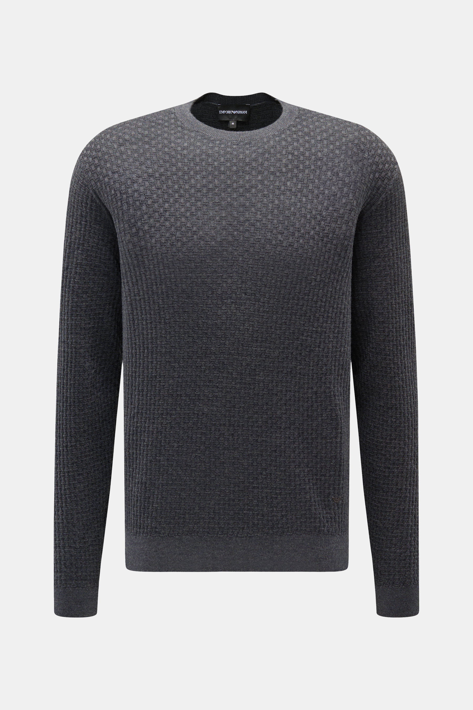 Emporio Armani Feinstrick-Rundhalspullover dunkelgrau, fein strukturiert, aus reiner Schurwolle, Regular Fit, Rundhals, tonales Logo, Rippbündchen, frontale Perspektive.