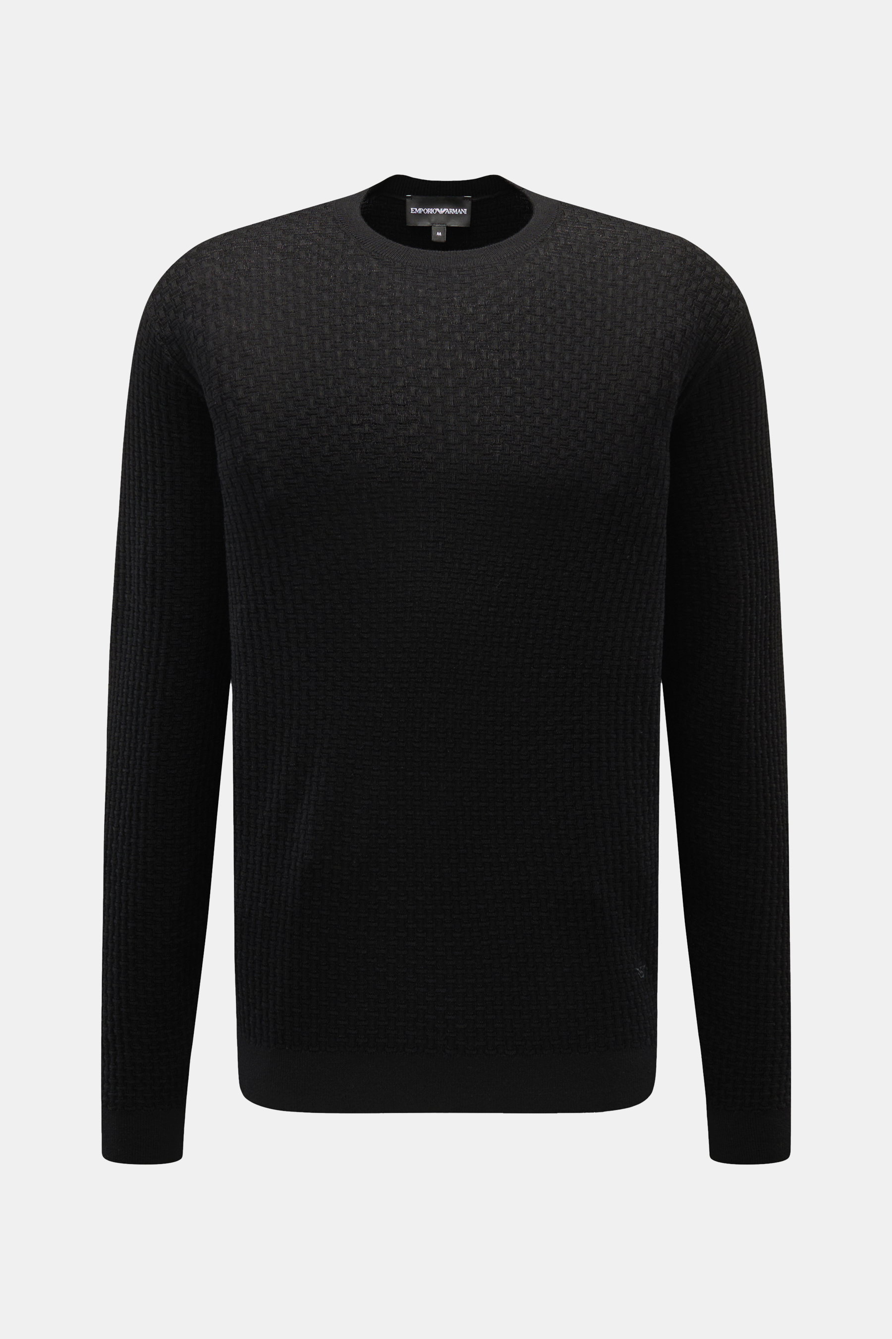 Emporio Armani Feinstrick-Rundhalspullover schwarz, frontal mit Rundhalsausschnitt, fein strukturiert, aus weicher reiner Schurwolle, Regular Fit, Logo-Stitching, Rippbündchen.