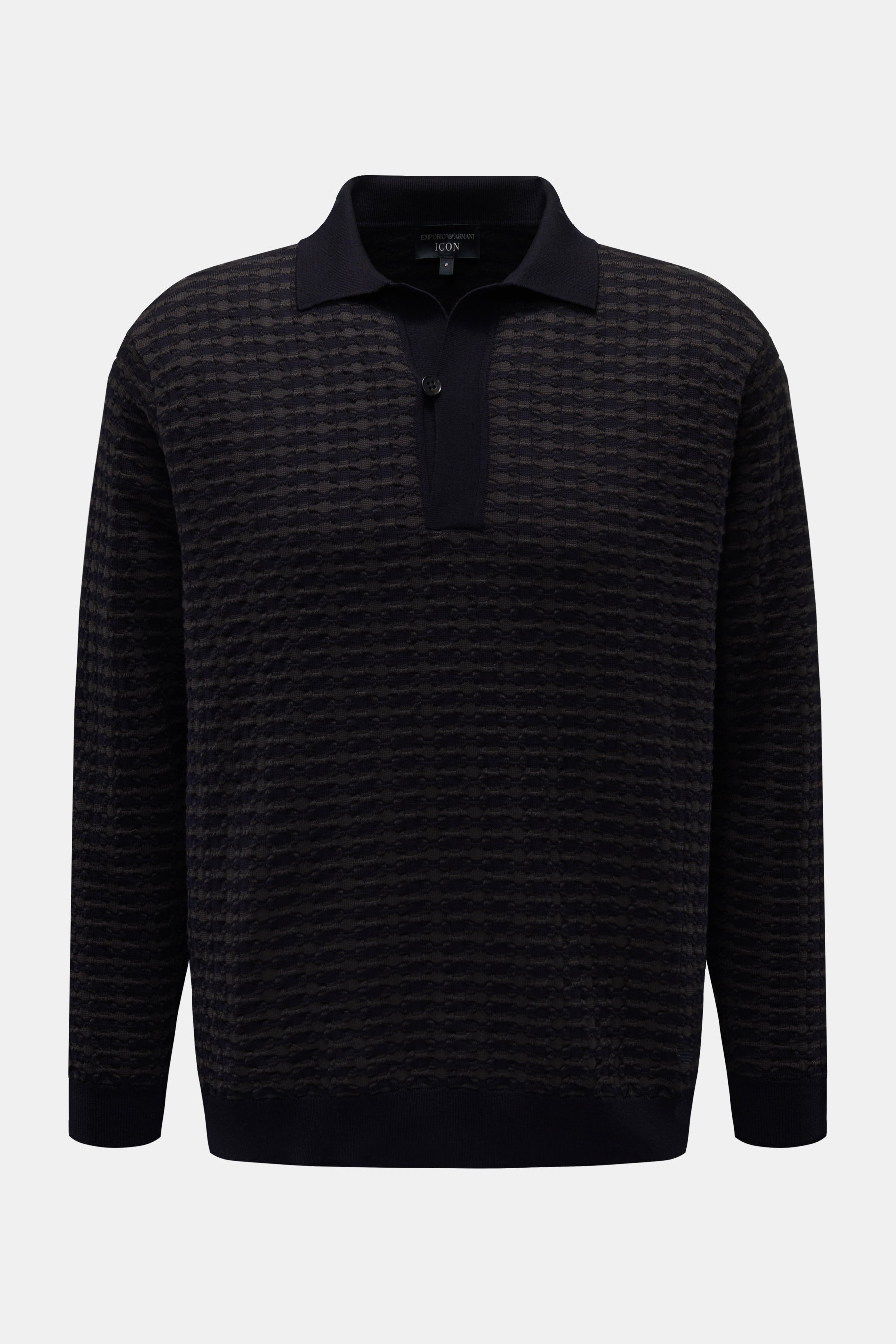 Emporio Armani Strickpolo navy/dunkelgrau gemustert, frontale Ansicht, Strukturstrick aus Wolle, Polokragen, Ein-Knopf-Leiste, Regular Fit, weicher Griff.