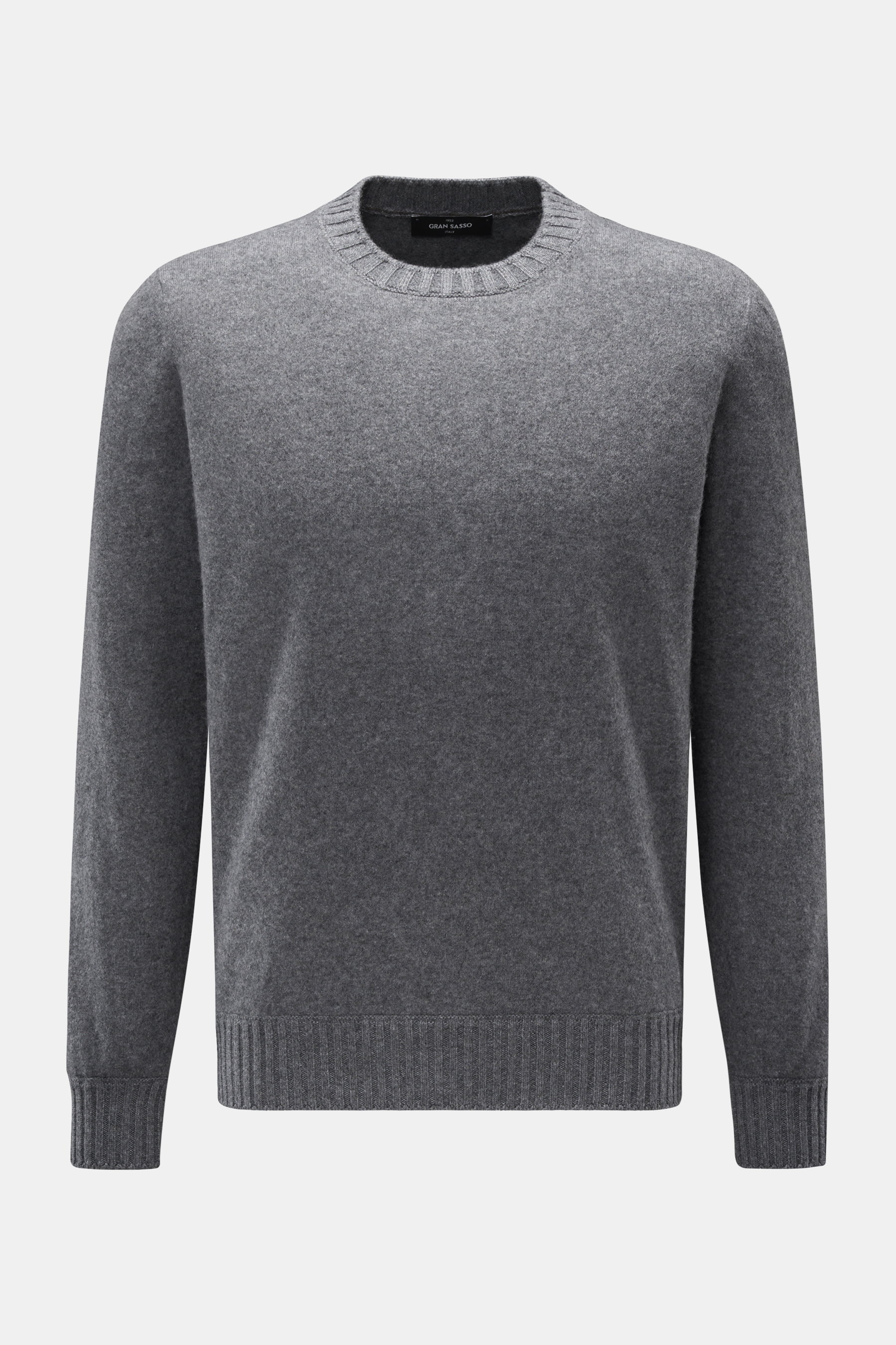 Gran Sasso Cashmere Rundhalspullover dunkelgrau meliert, frontal fotografiert, reiner Cashmere, sehr weicher Griff, leicht gewalkte Qualität, feines Strickbild, Regular Fit, Rundhalsausschnitt, komfortable Rippbündchen.