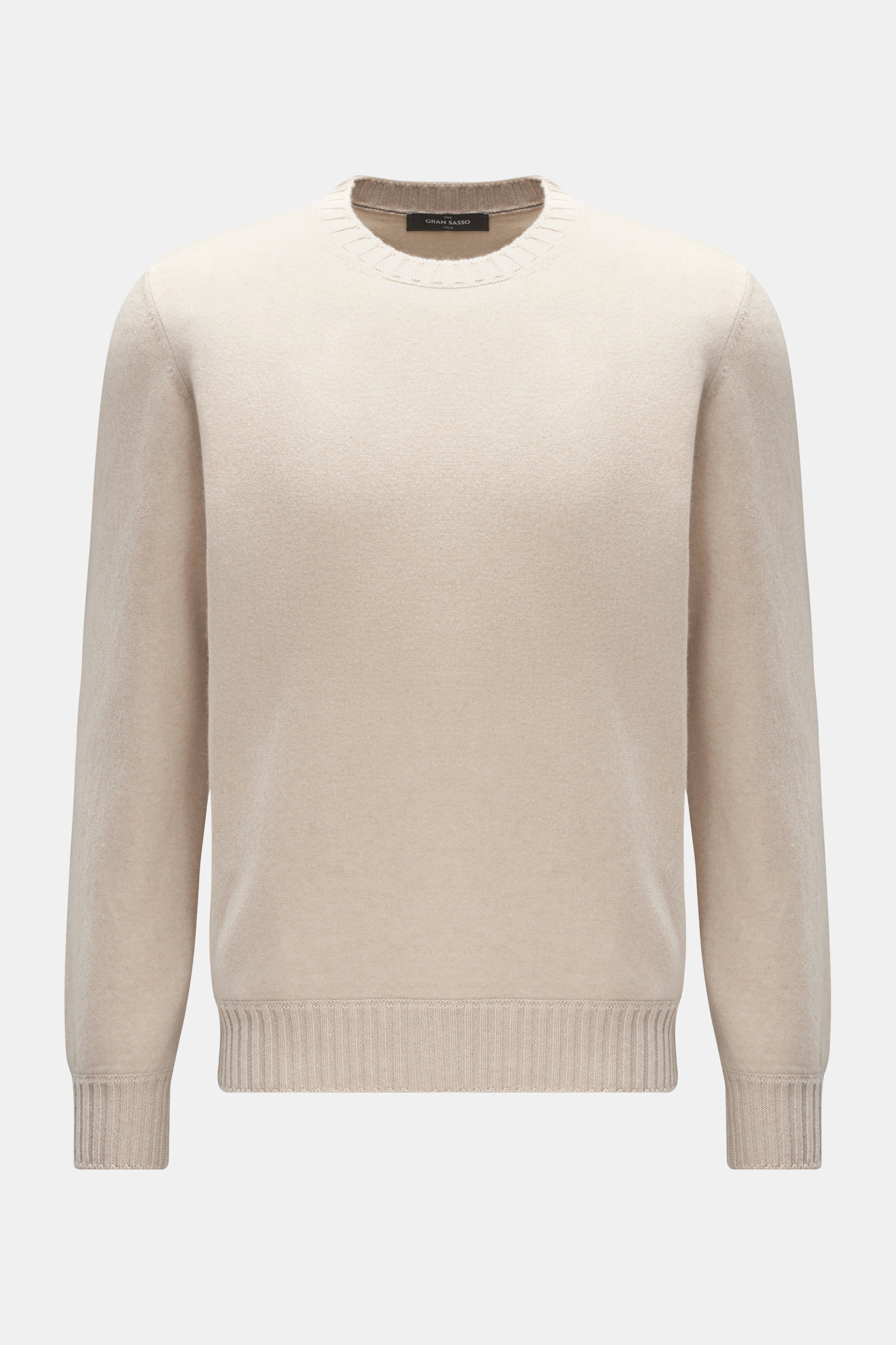 Gran Sasso Cashmere Rundhalspullover sand, frontale Ansicht, reiner Cashmere, sehr weicher Griff, leicht gewalkte Qualität, feines Strickbild, Regular Fit, Rundhalsausschnitt, komfortable Rippbündchen.