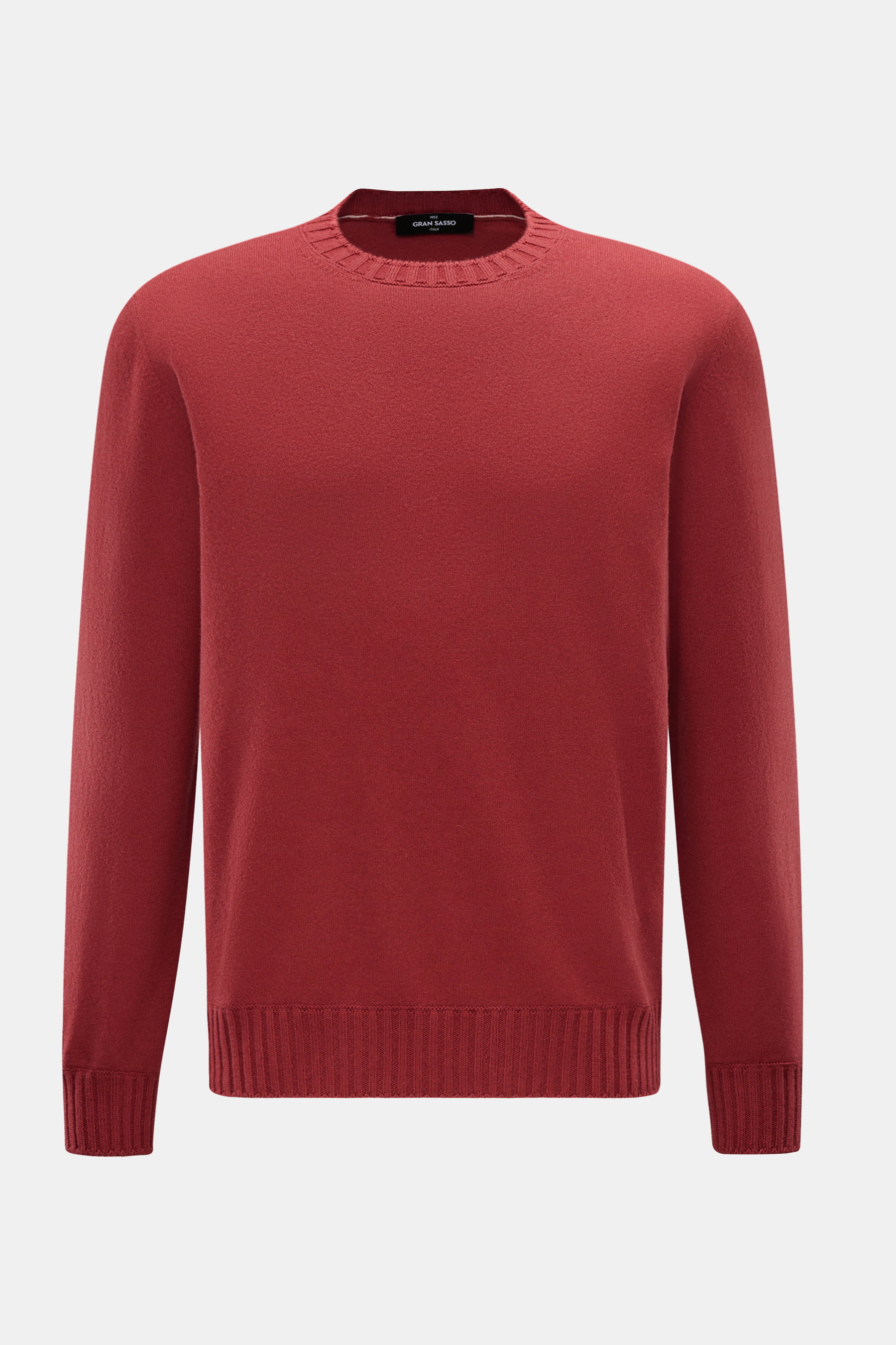 Gran Sasso Cashmere Rundhalspullover rotbraun, Frontansicht, reiner Cashmere, sehr weicher Griff, leicht gewalkt, feines Strickbild, Regular Fit, Rundhalsausschnitt, Rippbündchen.