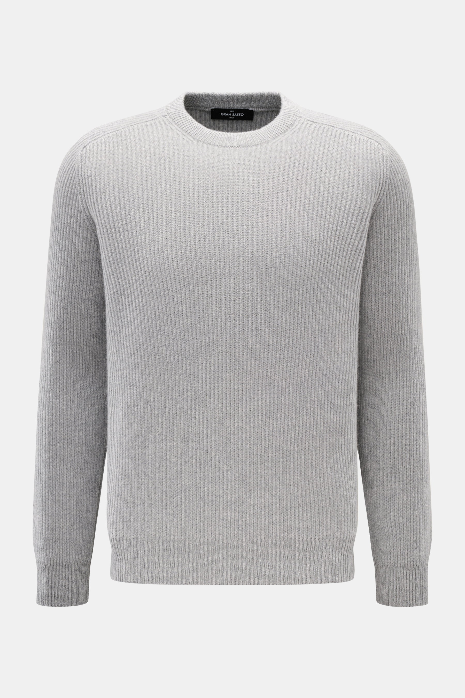 Gran Sasso Cashmere Rundhalspullover grau meliert, Slim Fit, Rippenstrick, reiner Cashmere, weicher Griff, Rundhalsausschnitt, Rippbündchen, frontale Ansicht.