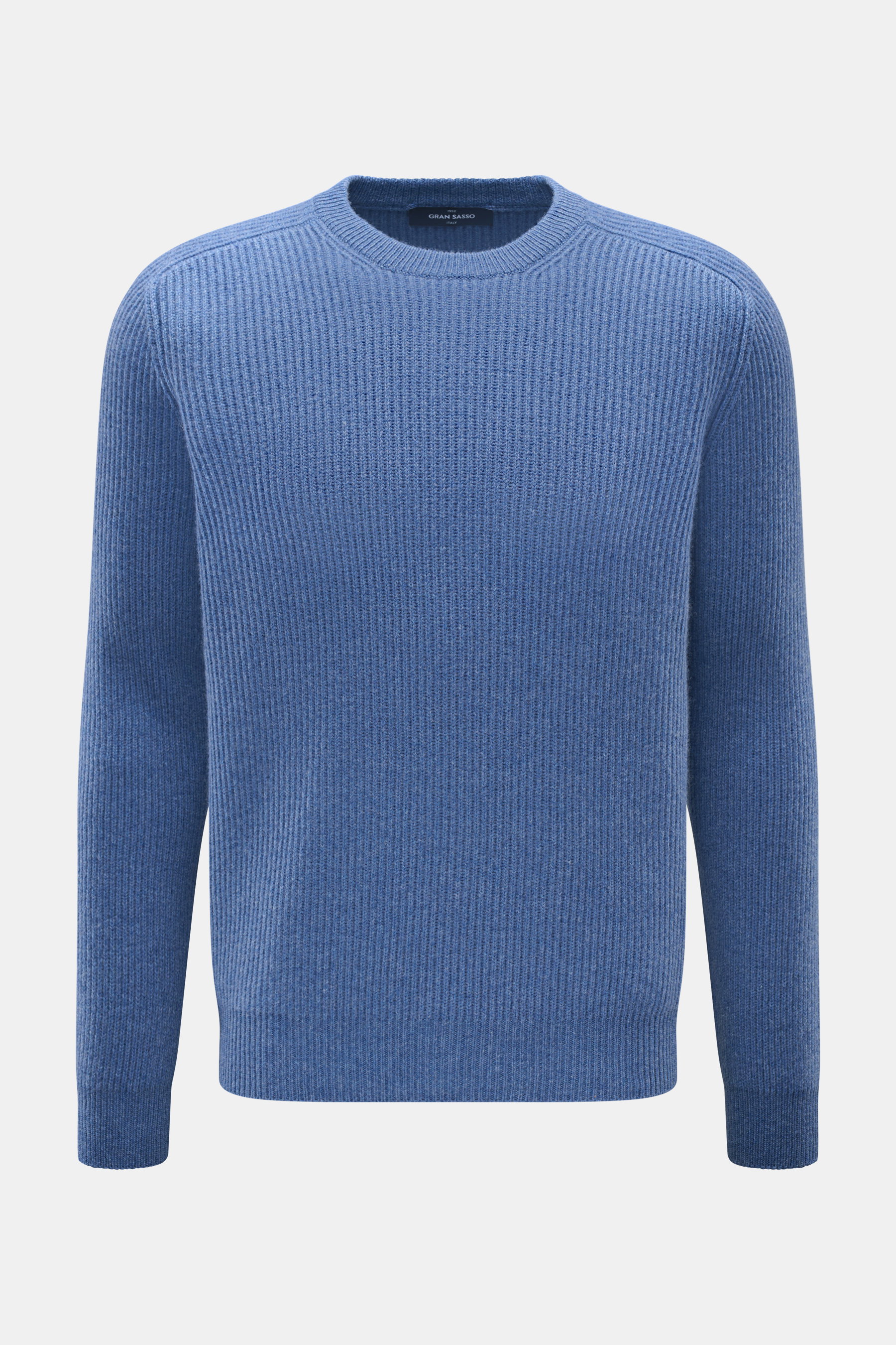 Gran Sasso Cashmere Rundhalspullover graublau meliert, Slim Fit, Rippenstrick, Rundhalsausschnitt, weicher Griff, mittlere Strickdichte, frontal fotografiert.