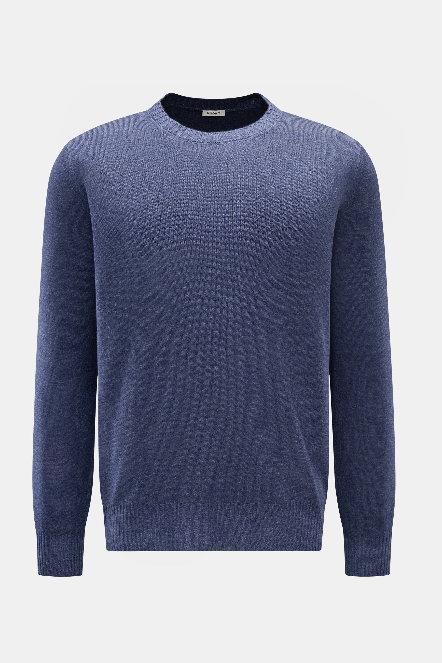 BRAUN Hamburg Rundhalspullover dunkelblau meliert, frontal fotografiert, Regular Fit, wärmend aus Schurwolle, Viskose, Cashmere, weicher Griff, Rundhalsausschnitt, flexible Rippbündchen, feines Strickbild.