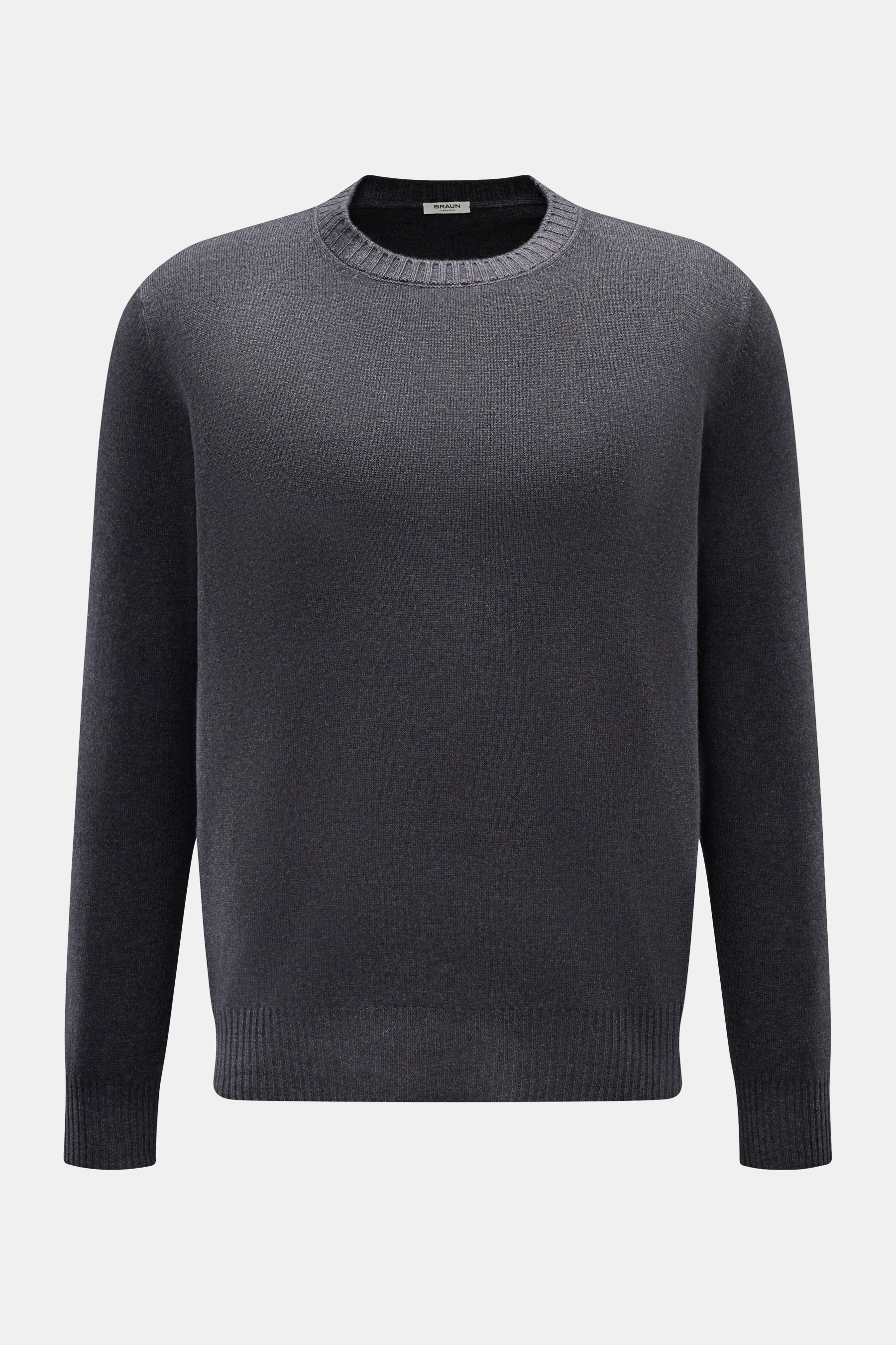 BRAUN Hamburg Rundhalspullover dunkelgrau meliert, frontal fotografiert, Regular Fit, Rundhalsausschnitt, weiches Material aus Schurwolle, Viskose & Cashmere, feines Strickbild, flexible Rippbündchen.