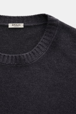 BRAUN Hamburg Rundhalspullover dunkelgrau meliert, Frontansicht, feines Strickbild, Rundhalsausschnitt, weicher Griff, Regular Fit, wärmend