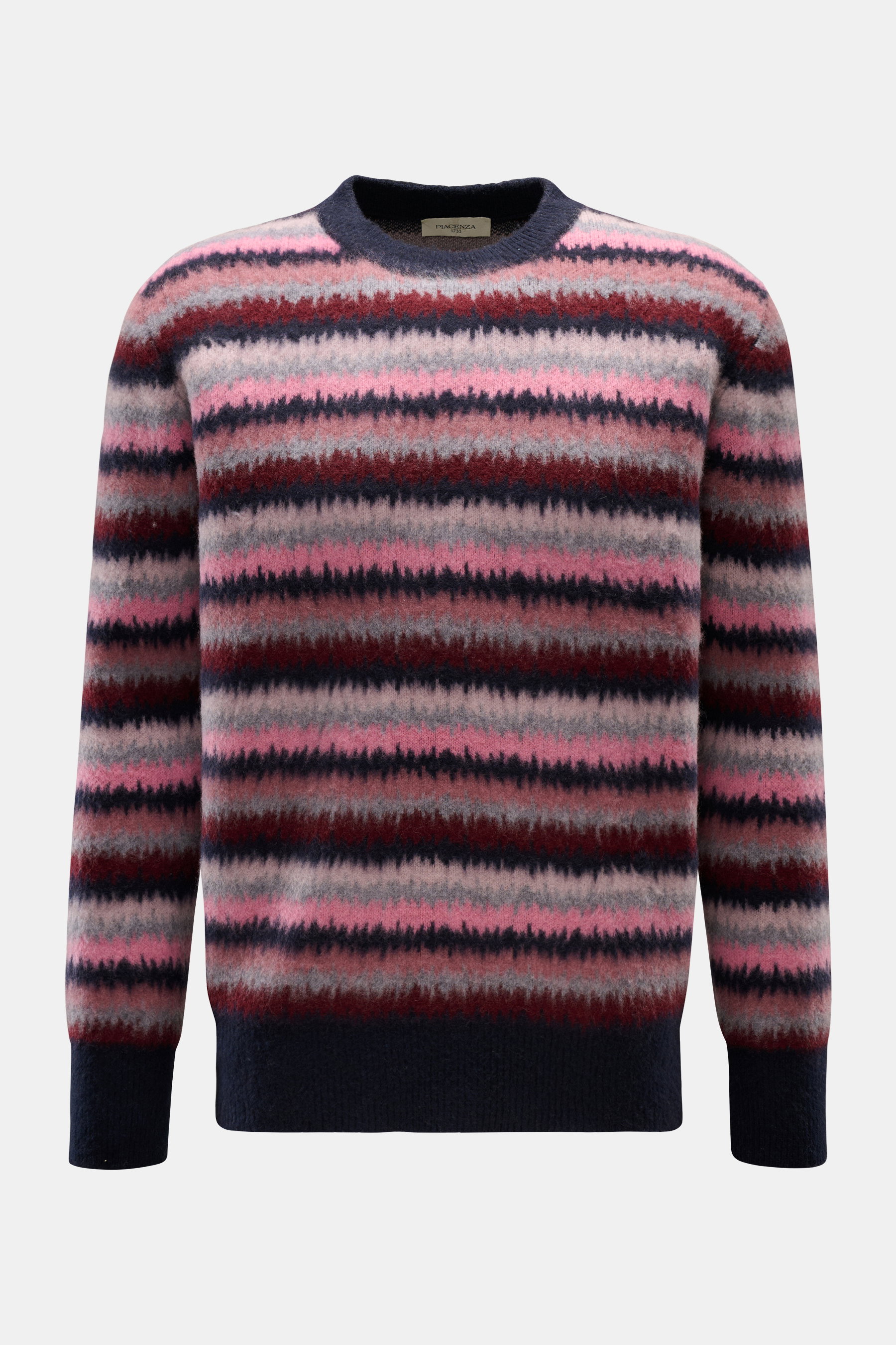 Piacenza 1733 Cashmere Rundhalspullover navy/rosé/grau gestreift, frontal fotografiert, reiner Cashmere, sehr weicher, voluminöser Griff, stilvolles Zickzack-Streifenmuster, mittelfeines Strickbild, Regular Fit, Rundhalsausschnitt, breite Rippbündchen.