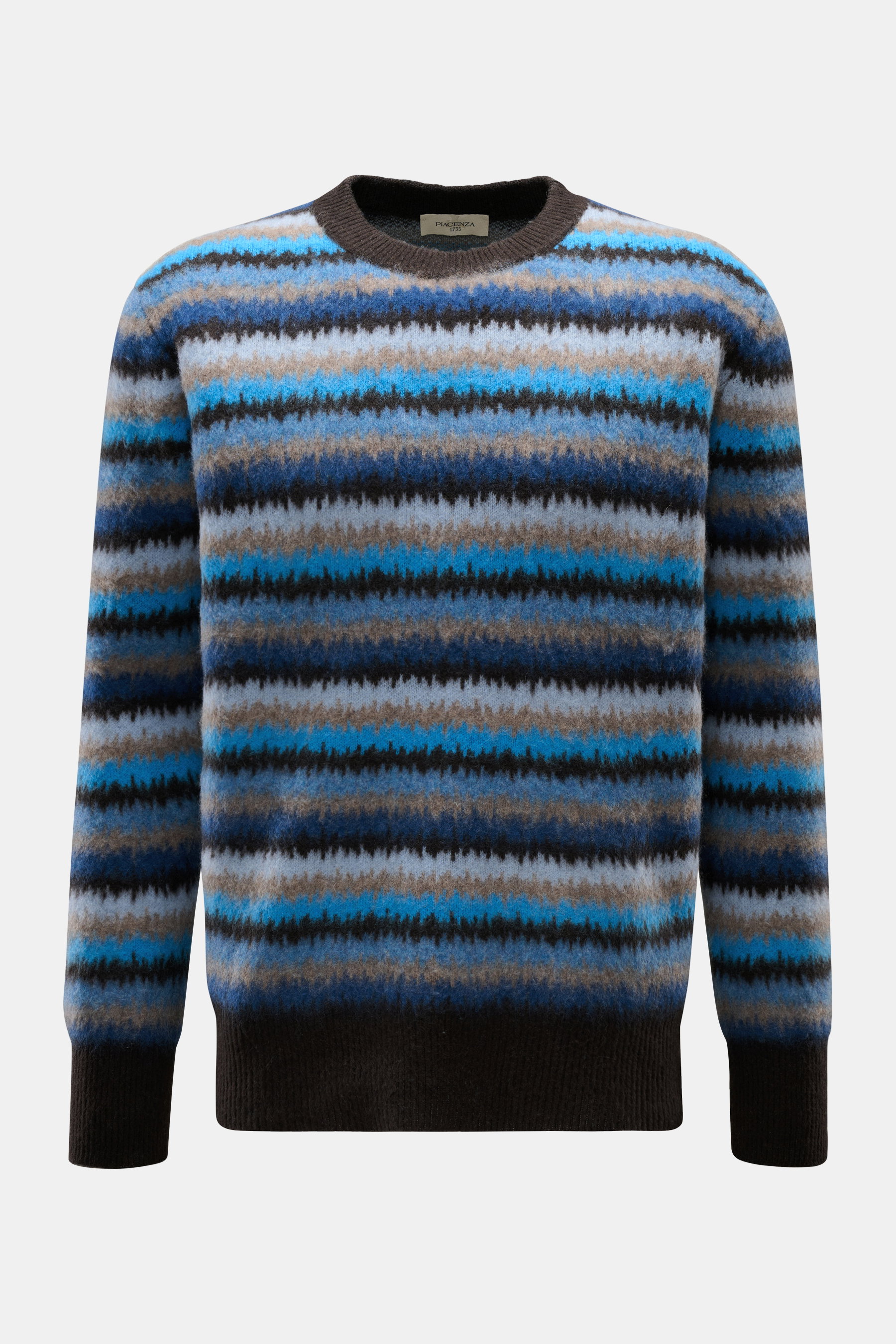 Piacenza 1733 Cashmere Rundhalspullover dunkelbraun/blau/beige gestreift, frontale Ansicht, reiner Cashmere, weicher Griff, Zickzackmuster, mittelfeines Strickbild, Regular Fit, Rundhalsausschnitt, breite Rippbündchen.