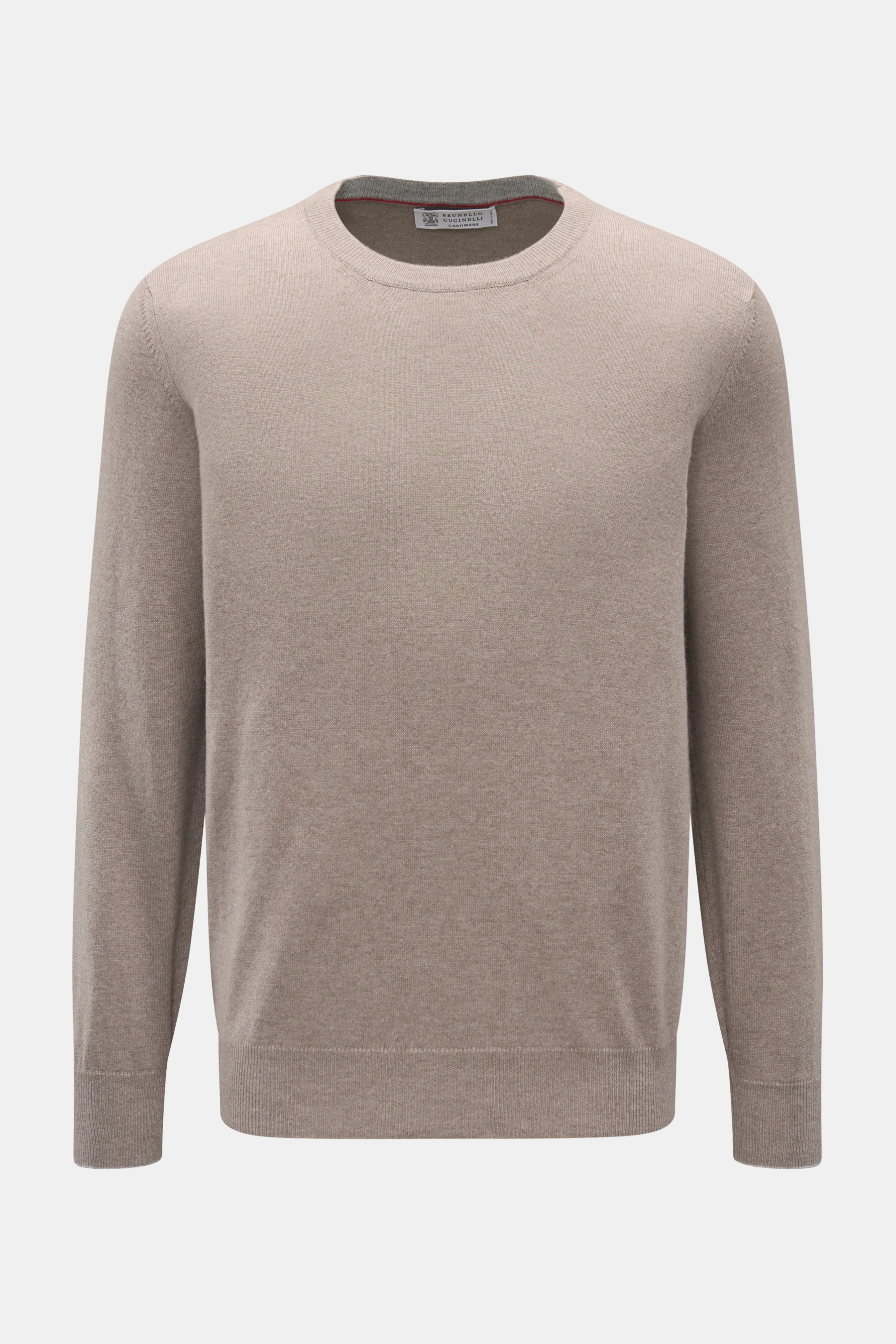 Brunello Cucinelli Cashmere Rundhalspullover taupe meliert, Frontansicht, reiner Cashmere, Regular Fit, Rundhalsausschnitt, feines Strickbild.