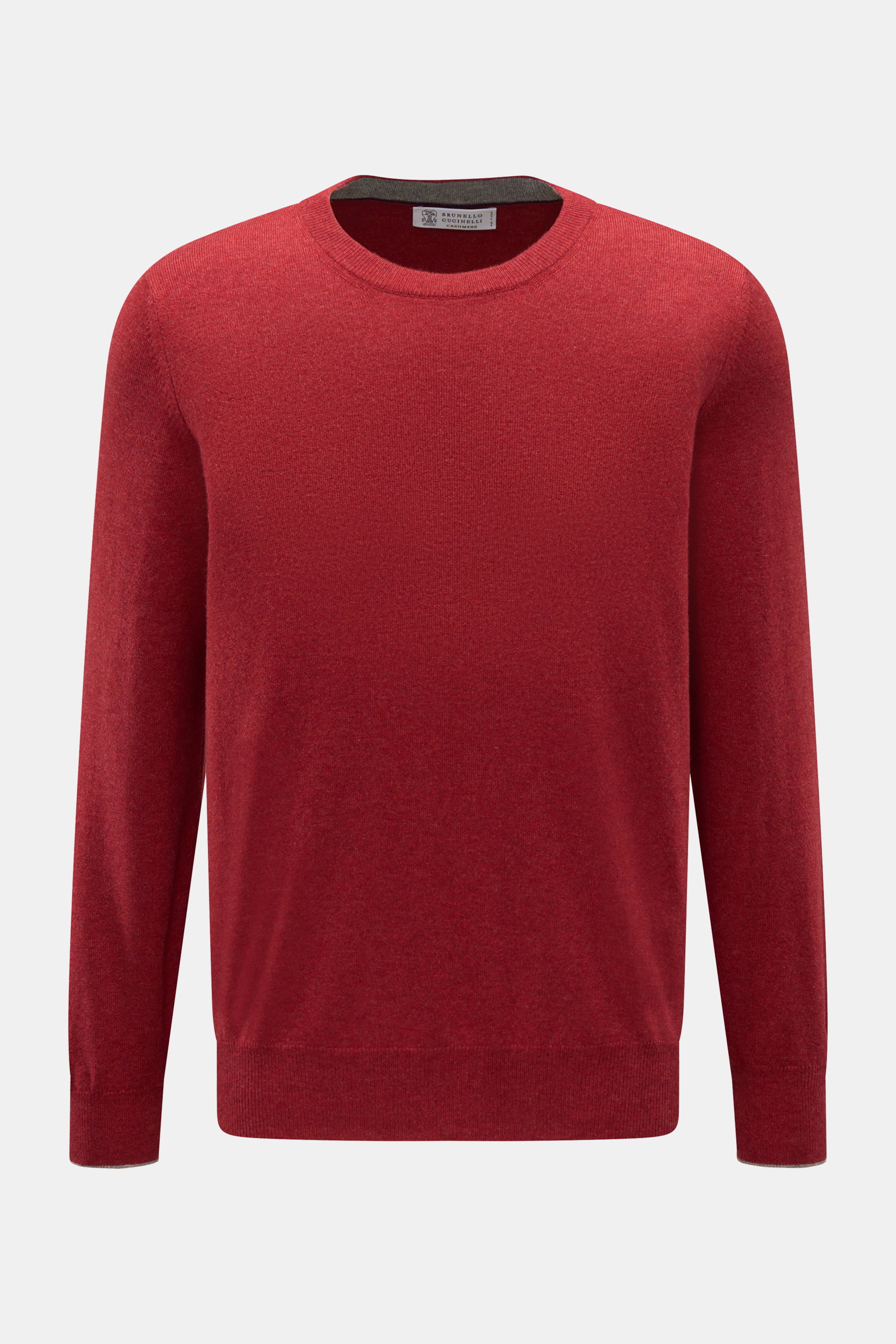 Brunello Cucinelli Cashmere Rundhalspullover dunkelrot, Frontansicht, reiner Cashmere, weicher Griff, feines Strickbild, Regular Fit, Rundhalsausschnitt, flexible Rippbündchen, Kontrastkanten.