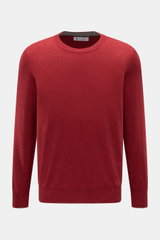 Brunello Cucinelli Cashmere Rundhalspullover dunkelrot, Frontansicht, reiner Cashmere, weicher Griff, feines Strickbild, Regular Fit, Rundhalsausschnitt, flexible Rippbündchen, Kontrastkanten.