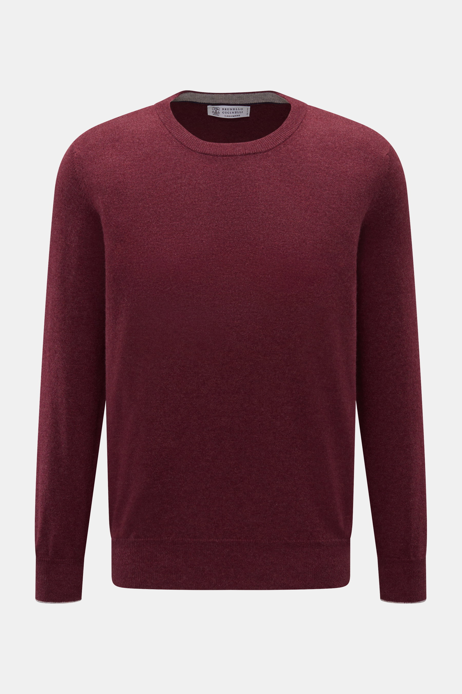 Brunello Cucinelli Cashmere Rundhalspullover bordeaux meliert, von vorne fotografiert, Regular Fit, feines Strickbild, weiche Haptik, Kontrastkanten.