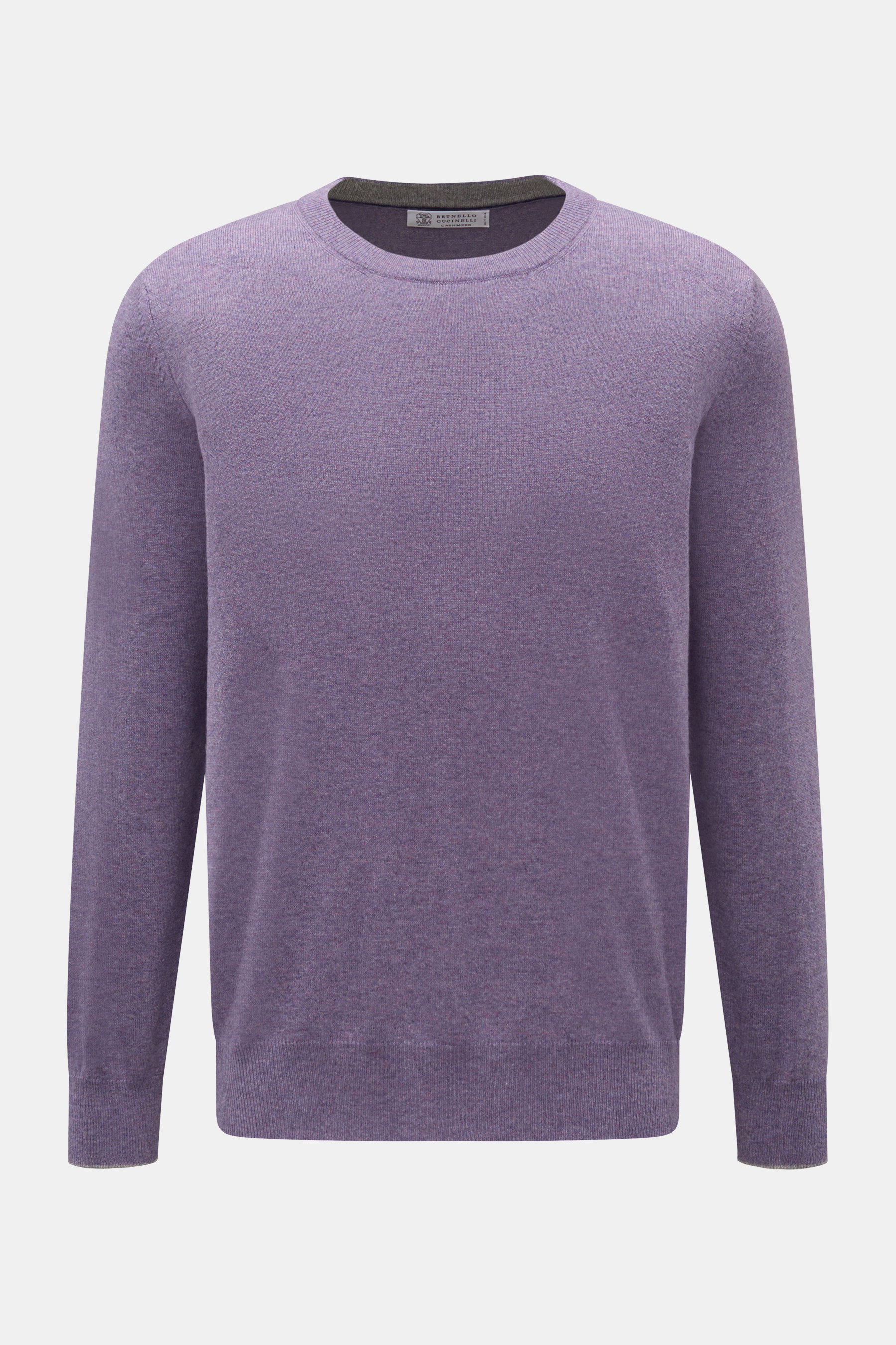 Brunello Cucinelli Cashmere Rundhalspullover violett meliert, frontal fotografiert, reiner Cashmere, weicher Griff, feines Strickbild, Regular Fit, flexible Rippbündchen, schmale Kontrastkanten.