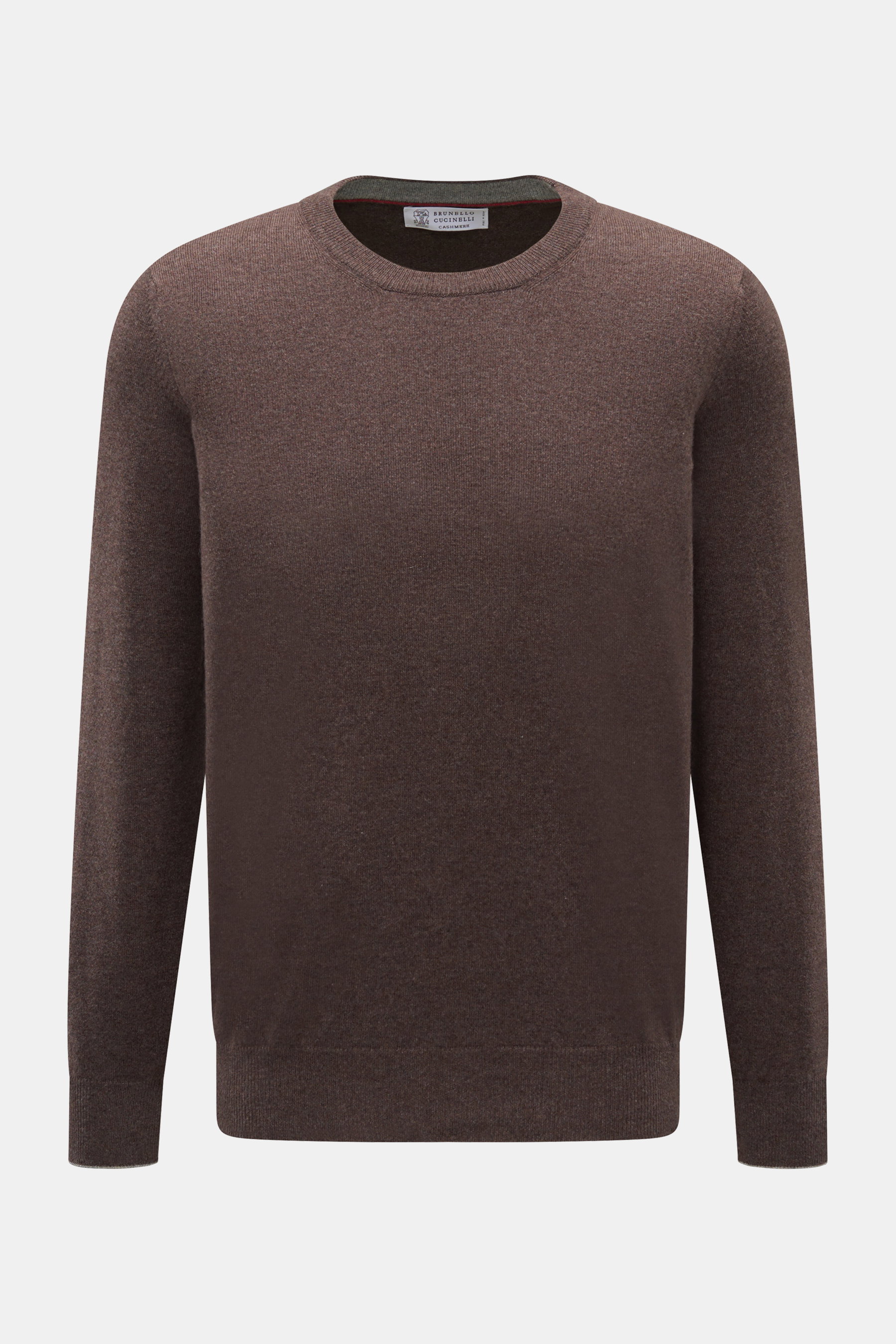 Brunello Cucinelli Cashmere Rundhalspullover braun meliert, von vorne fotografiert, Regular Fit, reiner Cashmere, weiche Haptik, feines Strickbild, Kontrastkanten, flexible Rippbündchen.