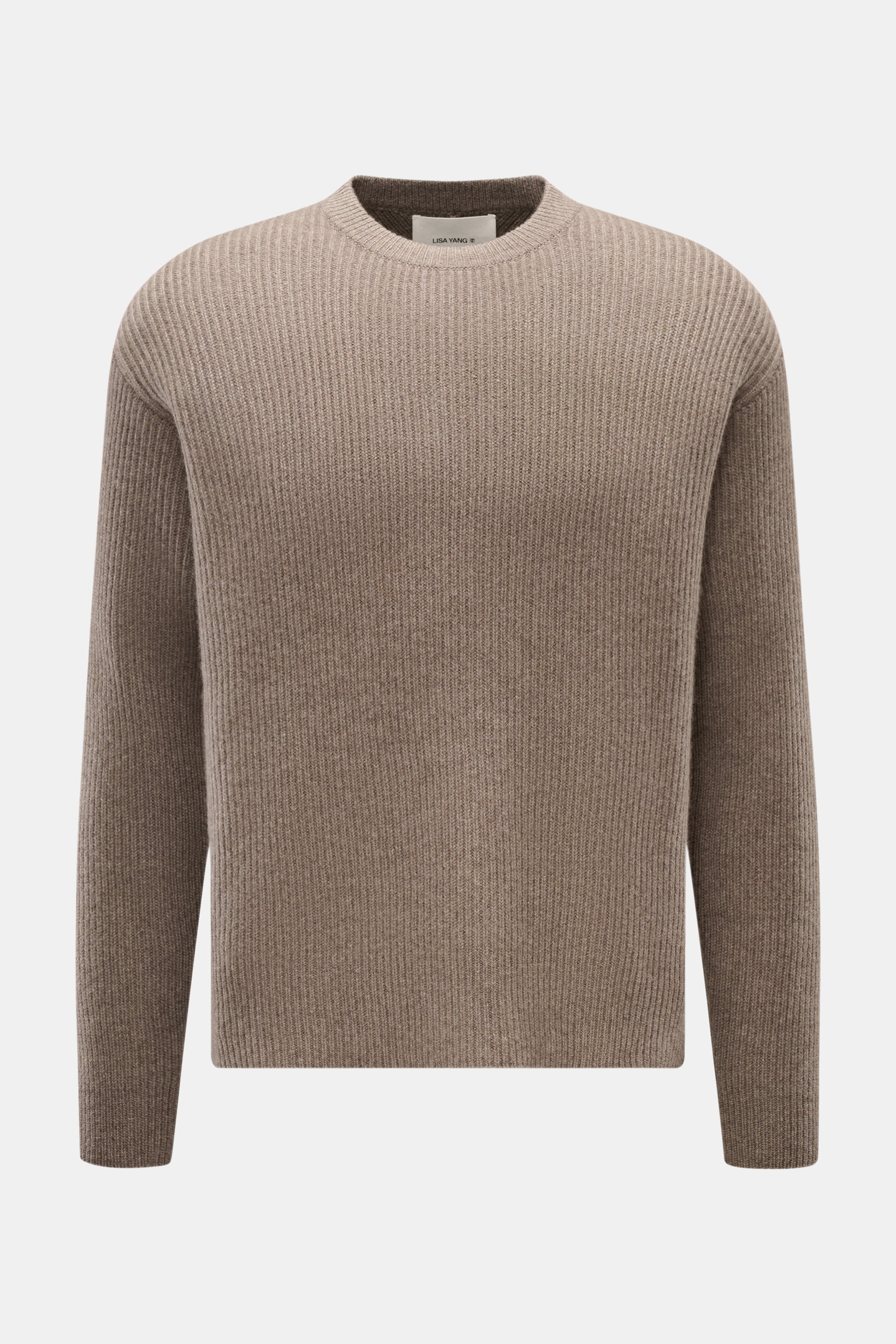 Lisa Yang Cashmere Rundhalspullover 'William' taupe, frontale Nahaufnahme, Regular Fit, weicher Griff, Patent-Strick, Rundhalsausschnitt, überschnittene Schultern.