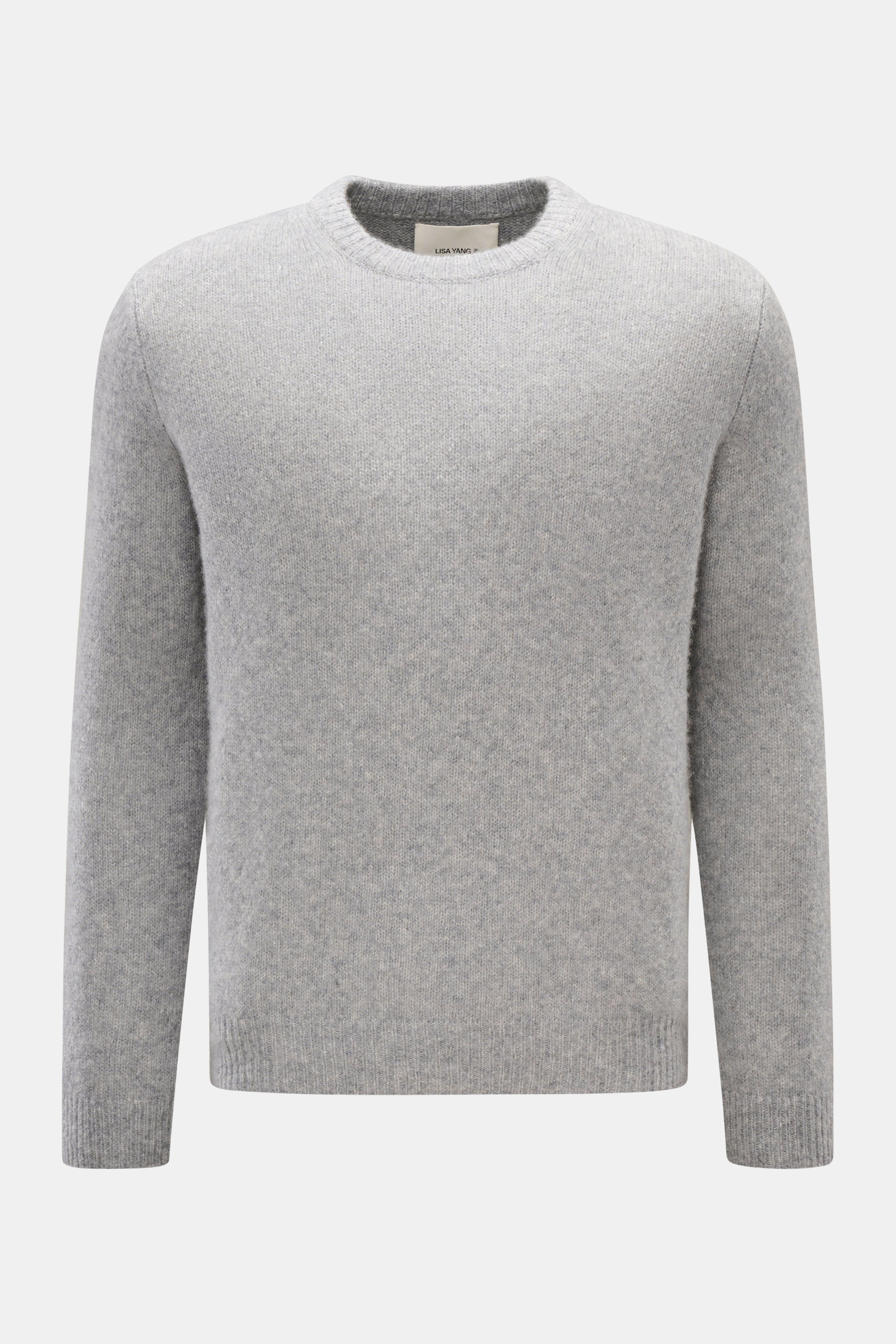 Lisa Yang Rundhalspullover 'Baxter' grau meliert, frontal fotografiert, Slim Fit mit Rundhalsausschnitt, feinem Strickbild, Cashmere-Seide-Mix, sehr weich.