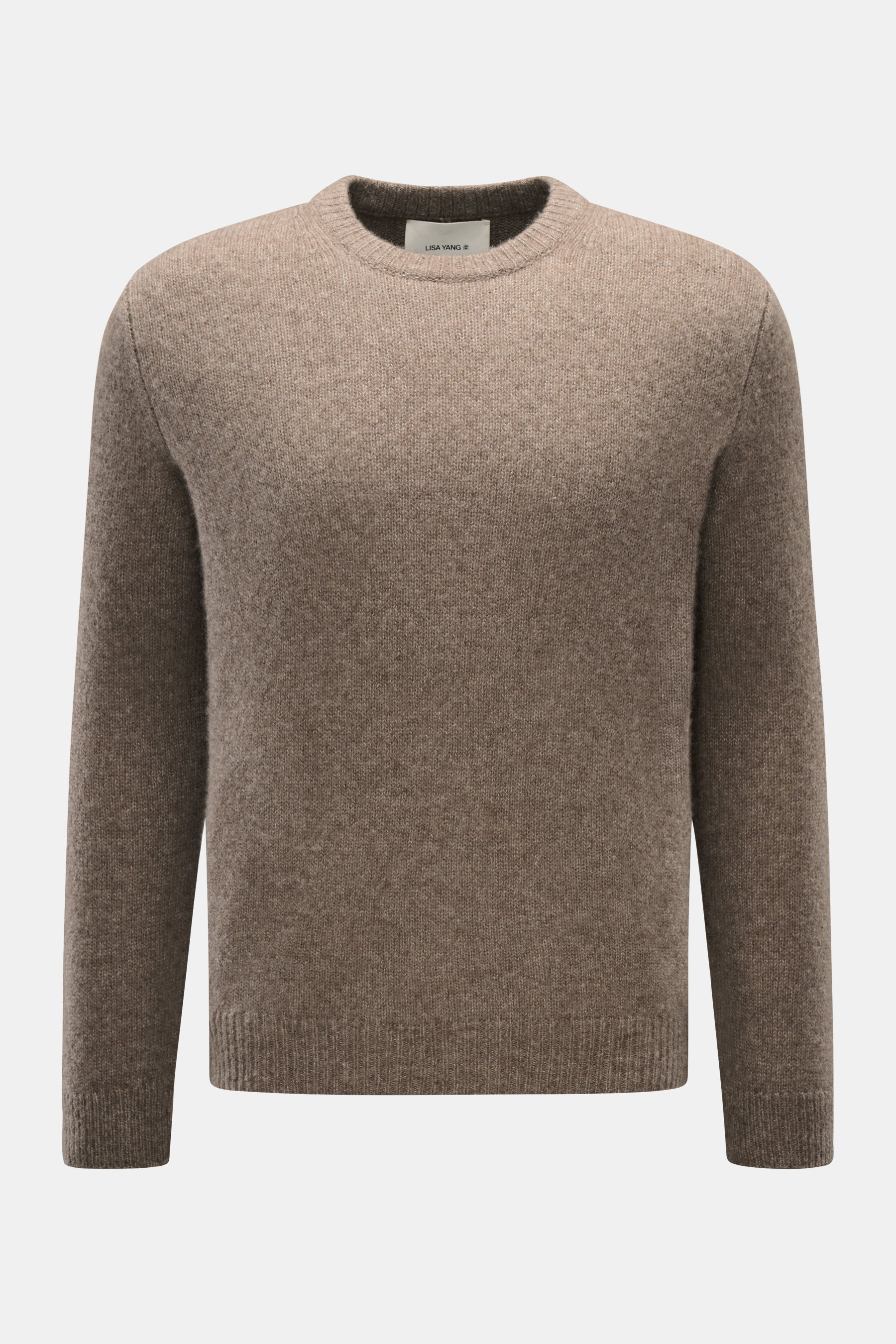 Lisa Yang Rundhalspullover 'Baxter' graubraun, frontale Nahaufnahme, Slim Fit, feines Strickbild, weicher Cashmere-Seide-Mix, Rundhalsausschnitt