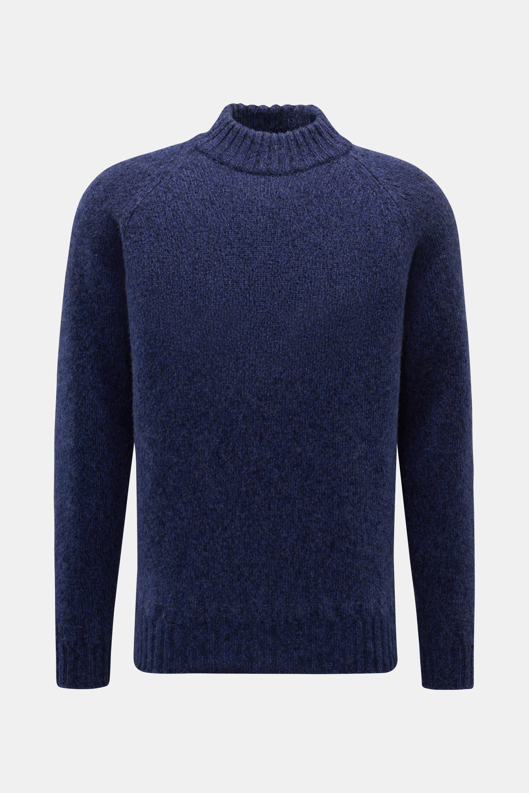 Fioroni Cashmere Rundhalspullover navy meliert, frontale Ansicht, reiner Cashmere, weicher Griff, mittelfeines Strickbild, leichter Bouclé-Effekt, Slim Fit, anliegender Rundhalsausschnitt, Raglan-Ärmel, flexible Rippbündchen.